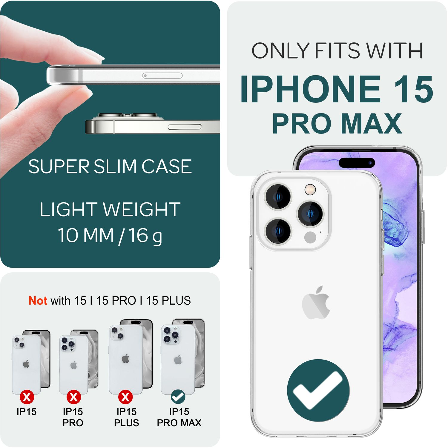 L'immagine mostra una custodia per iPhone 15 Pro Max. Il testo evidenzia la sua sottigliezza e compatibilità, con altri modelli.