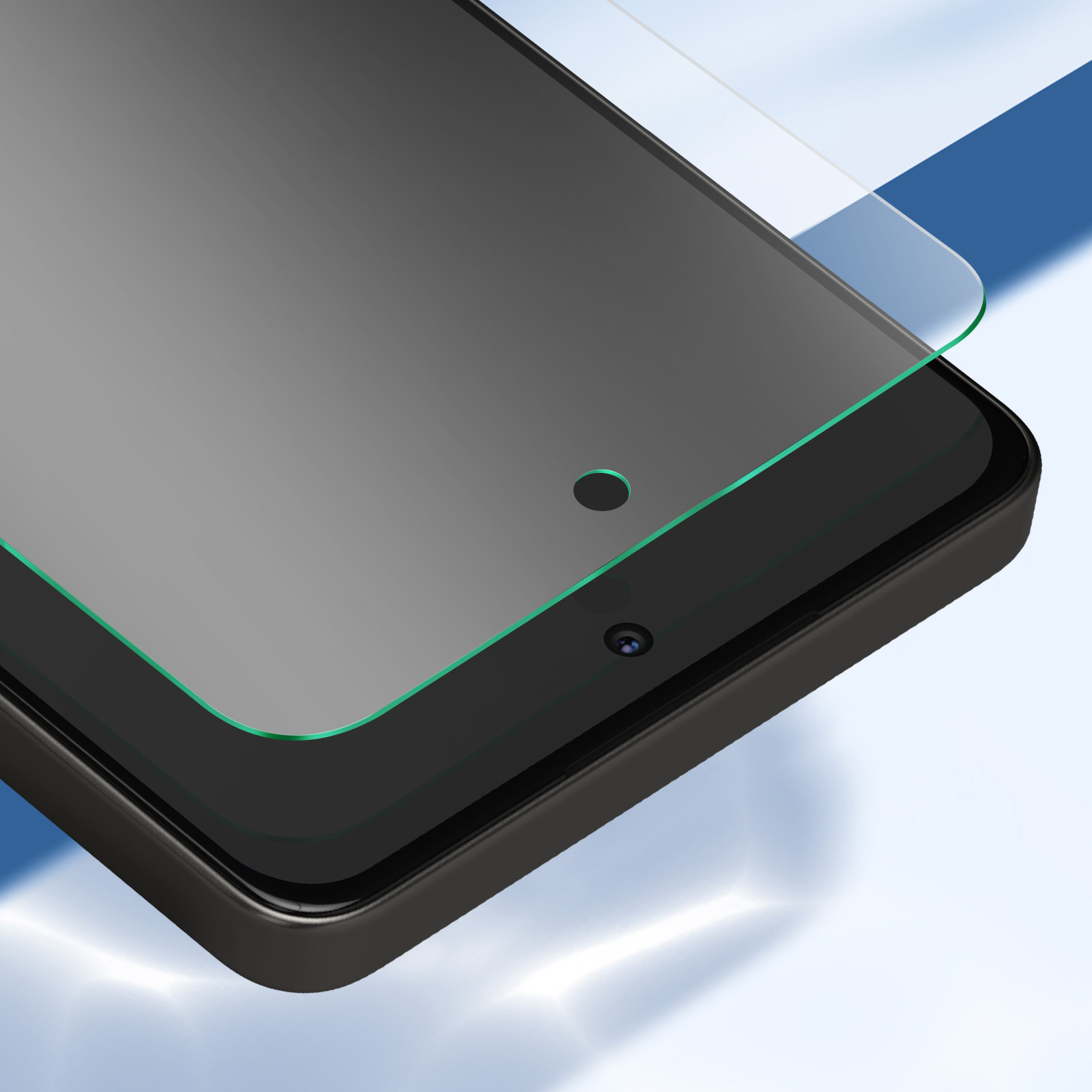 Uno smartphone con una protezione per lo schermo applicata. Lo schermo è grigio, i bordi sono neri e la protezione ha bordi verdi.