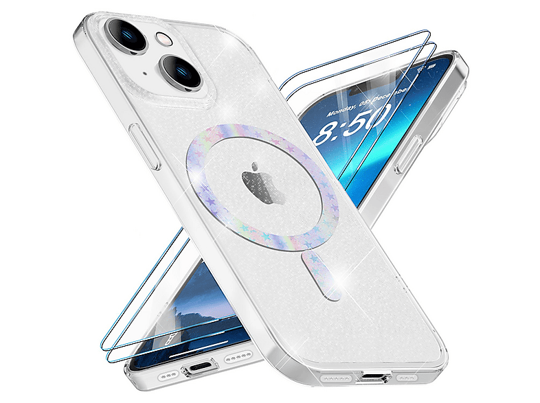 NALIA Custodia MagSafe Per IPhone 14 Con Glitter E 2 Vetri Protettivi - Cover Trasparente Anti-giallo Con Brillantini, Compatibile Con Ricarica Wireless