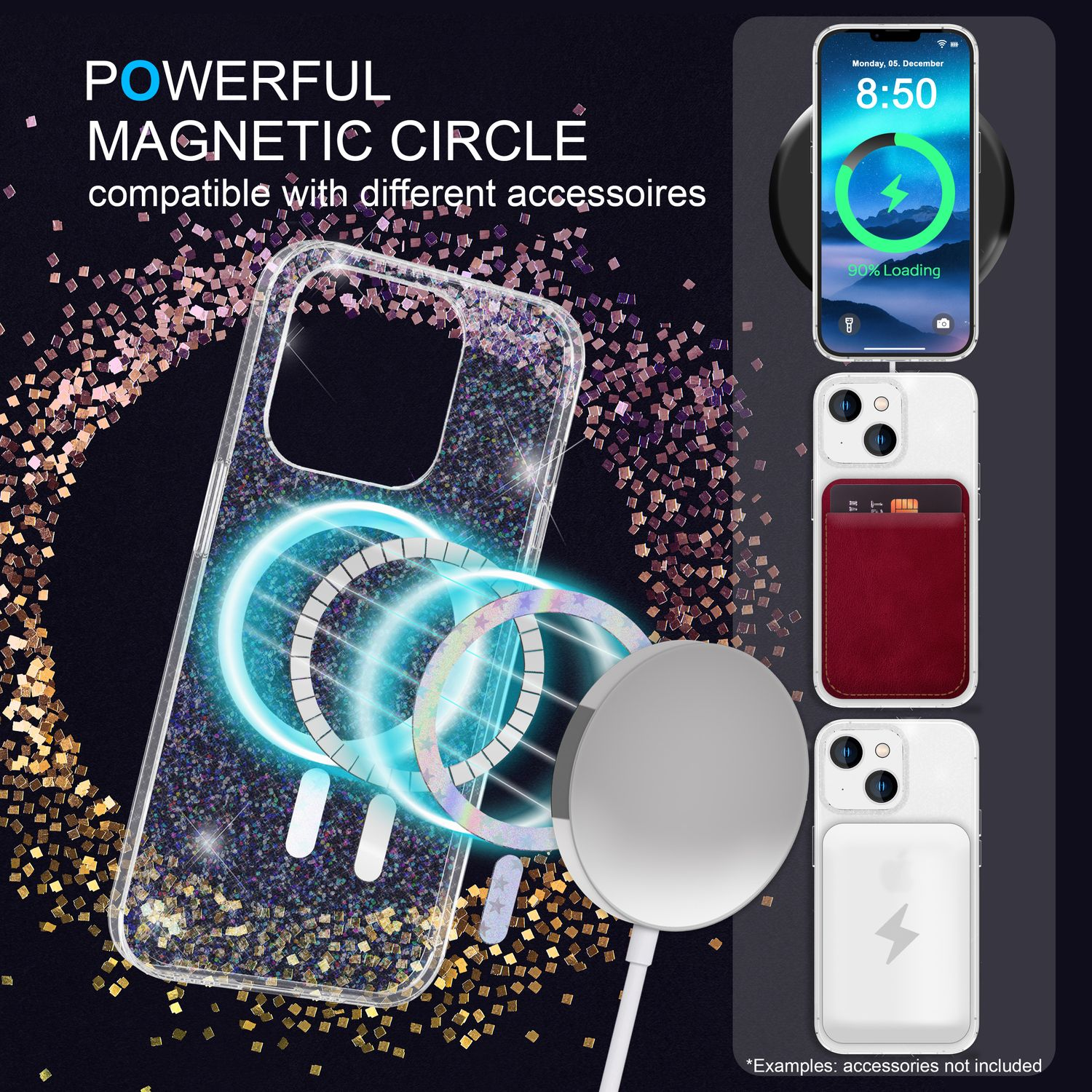 La imagen muestra una funda de teléfono con círculos magnéticos. Se muestran teléfonos con diferentes accesorios. También se muestra un cargador.