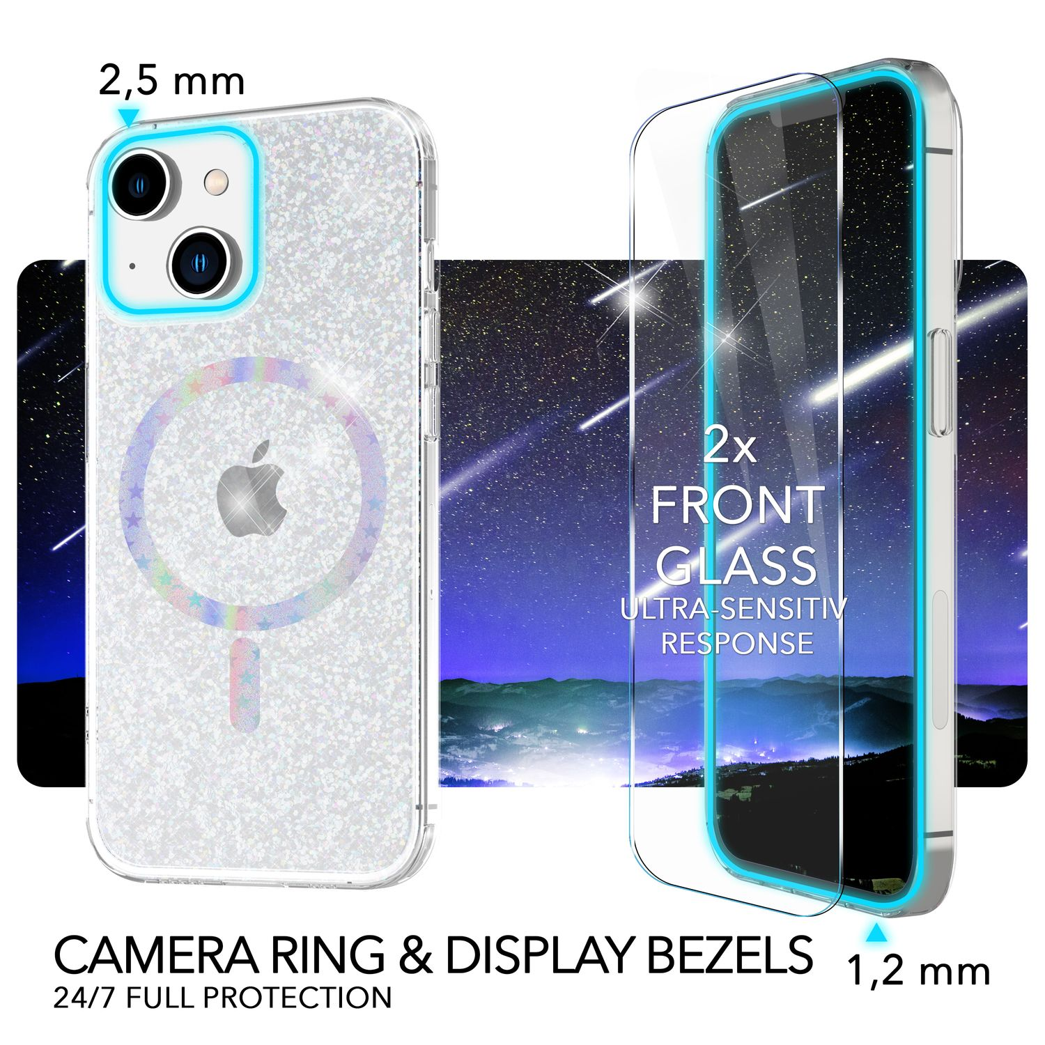 La imagen muestra una funda y un protector de pantalla. La funda es transparente con purpurina, el protector es transparente. Texto: protección de la cámara.