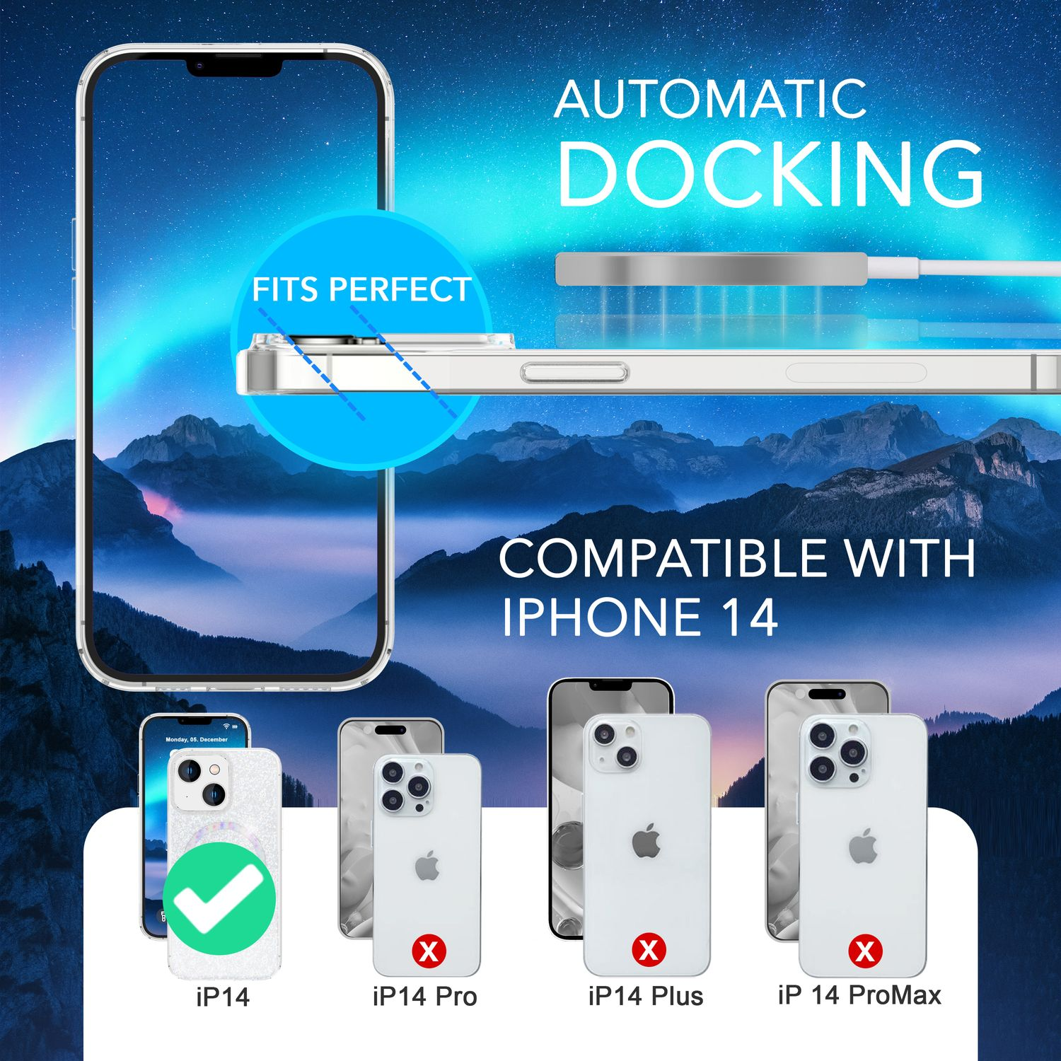 La imagen muestra un teléfono con funda. El texto dice 'Ajuste Perfecto' y 'Acoplamiento Automático'. Compatible con los modelos de iPhone 14. Se muestran varios modelos de teléfono.