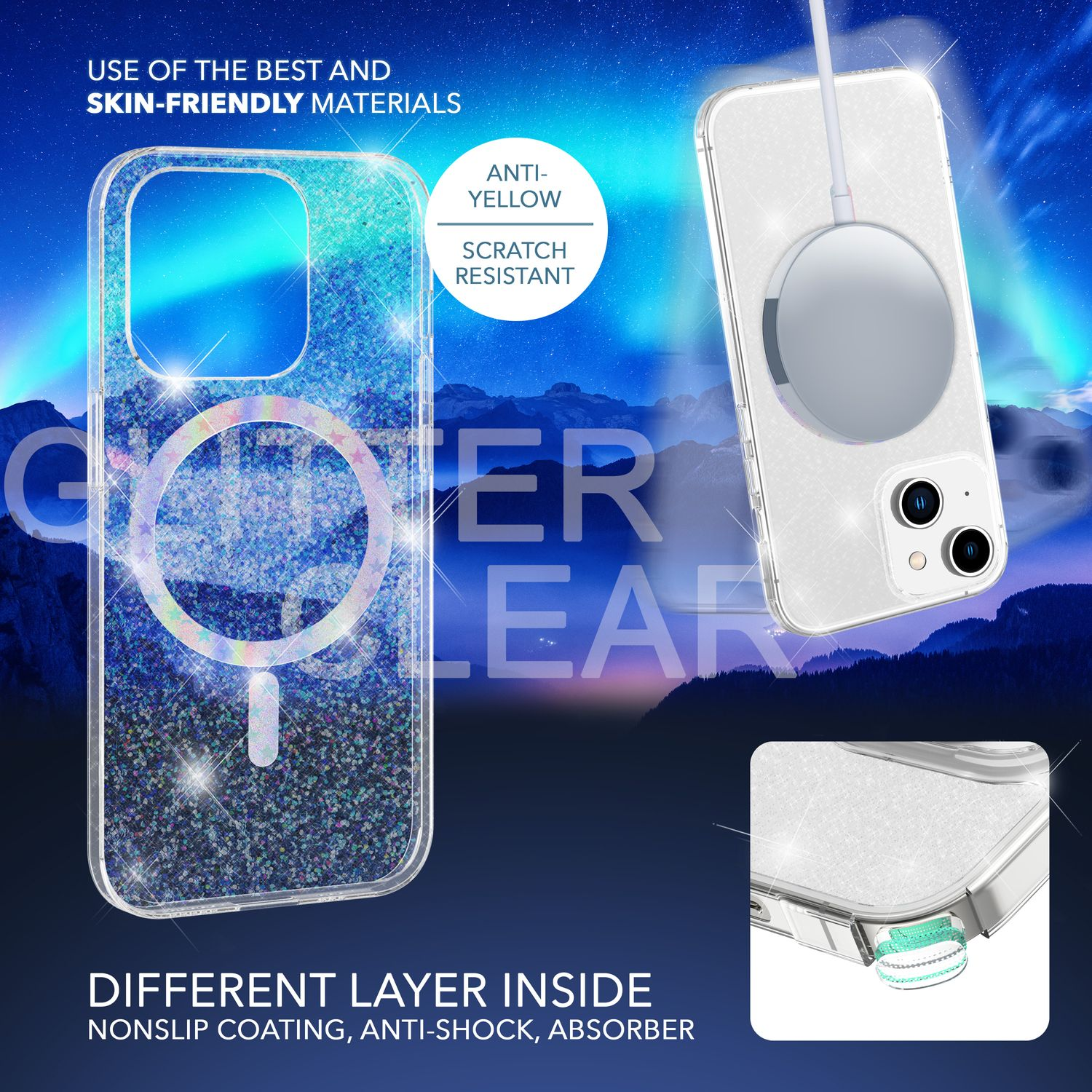 Funda de teléfono transparente con purpurina, un disco de carga y las palabras 'Glitter Clear'. El fondo es la aurora boreal.