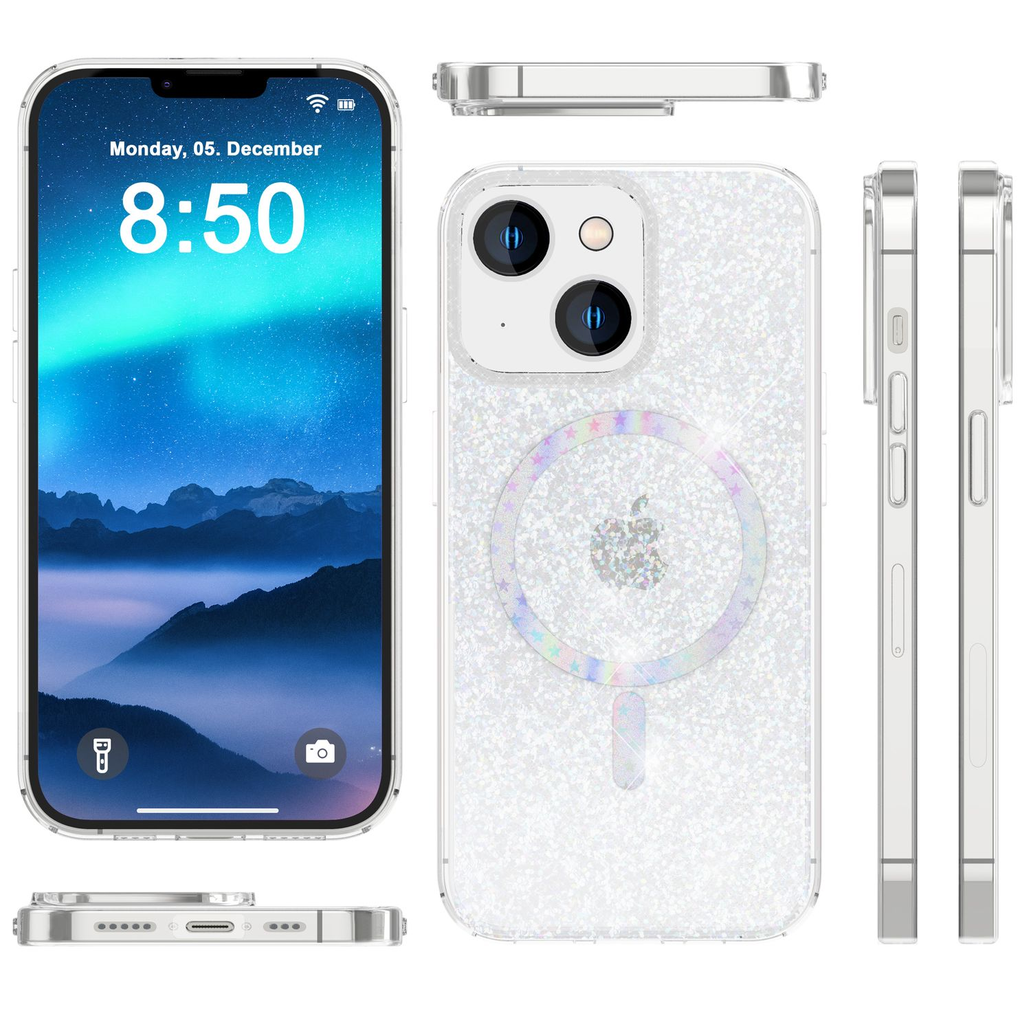 Un iPhone muestra un fondo de pantalla de cielo azul. Está en una funda transparente brillante. La hora es 8:50. La cámara y los botones son visibles.