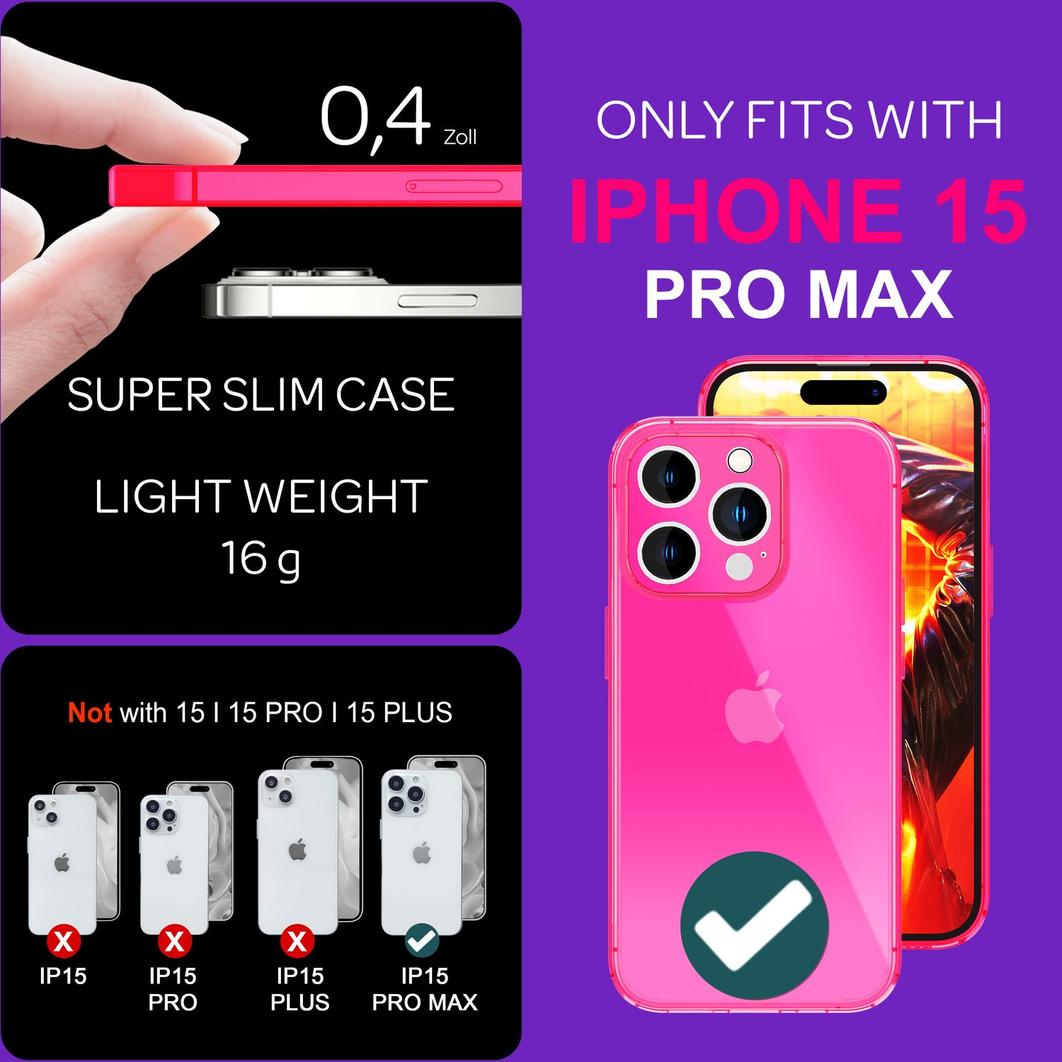 Una custodia rosa per iPhone 15 Pro Max con testo che mostra il design sottile, il peso e la compatibilità, e un segno di spunta.