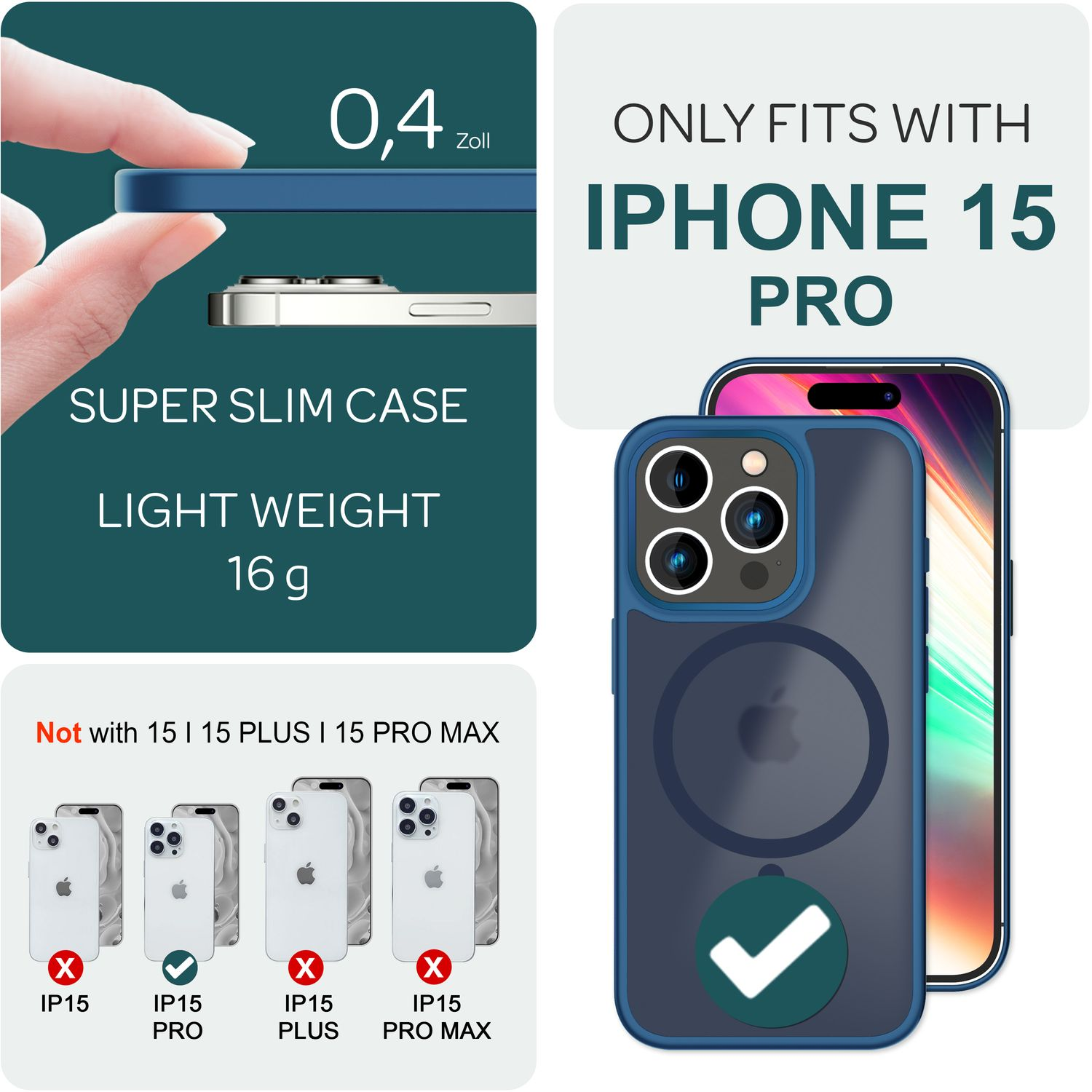 La imagen muestra una funda para iPhone 15 Pro. El texto incluye 'Super Slim Case' y 'Only Fits With iPhone 15 Pro'. Otros teléfonos están tachados.
