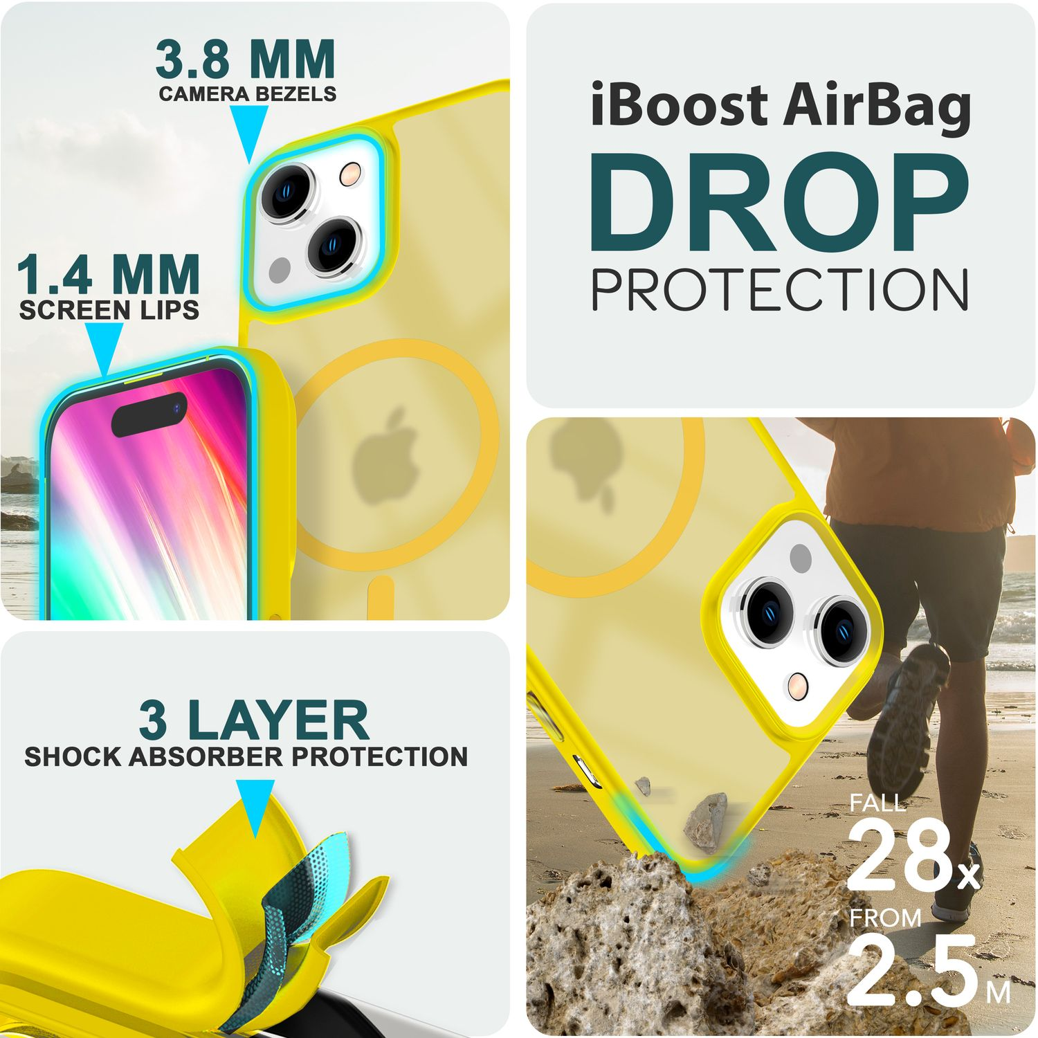Coque de téléphone jaune avec des accents bleus. Affiche les caractéristiques de protection contre les chutes avec du texte. Une personne court sur une plage.