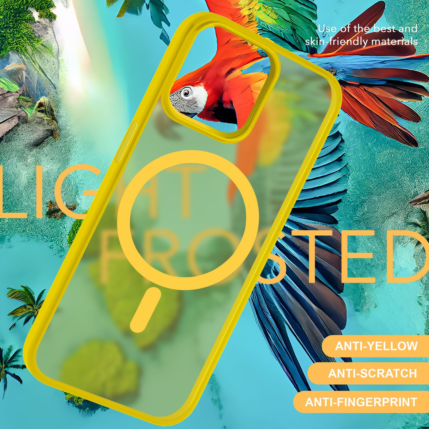 Une coque de téléphone jaune devant un fond avec un perroquet, du texte et les mots 'ANTI-YELLOW', 'ANTI-SCRATCH' et 'ANTI-FINGERPRINT'.