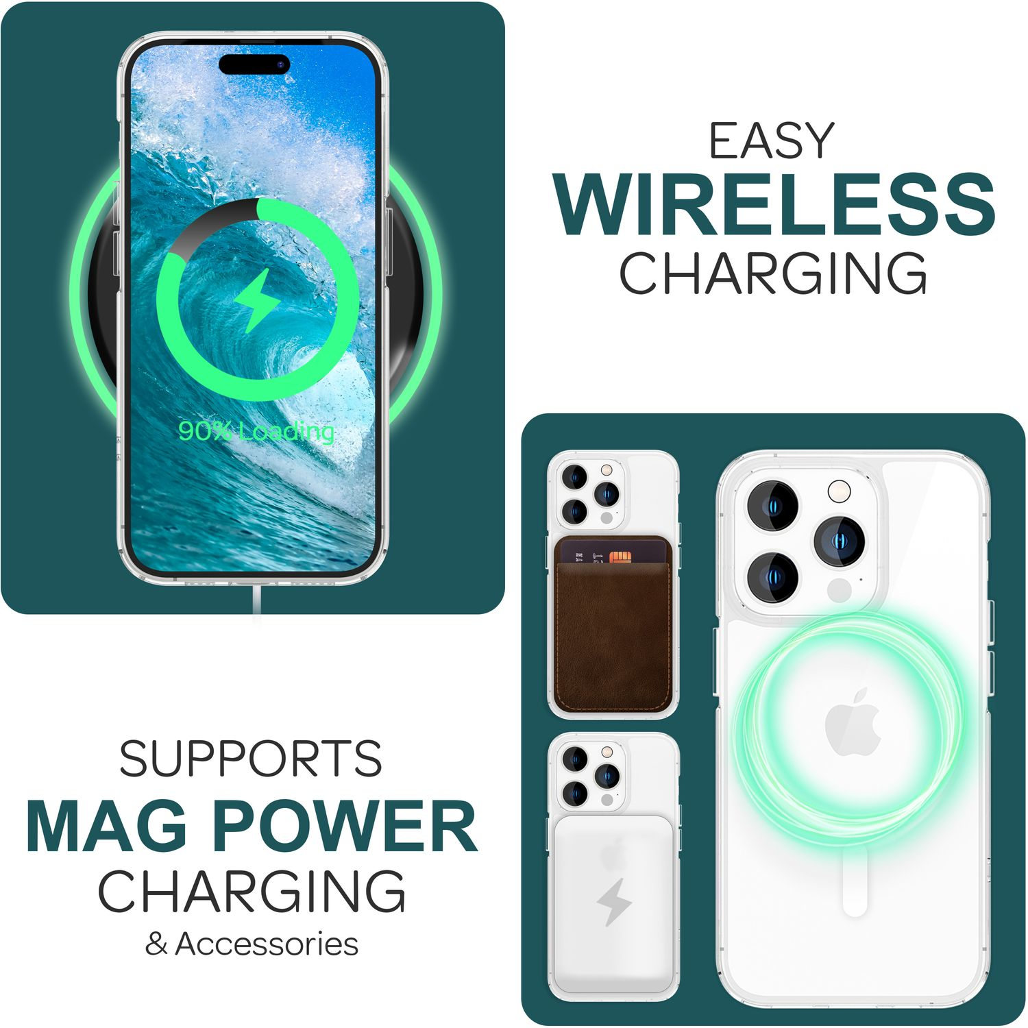 La imagen muestra carga inalámbrica. Un teléfono muestra un símbolo de carga. Accesorios y texto promocionan Mag Power Charging.