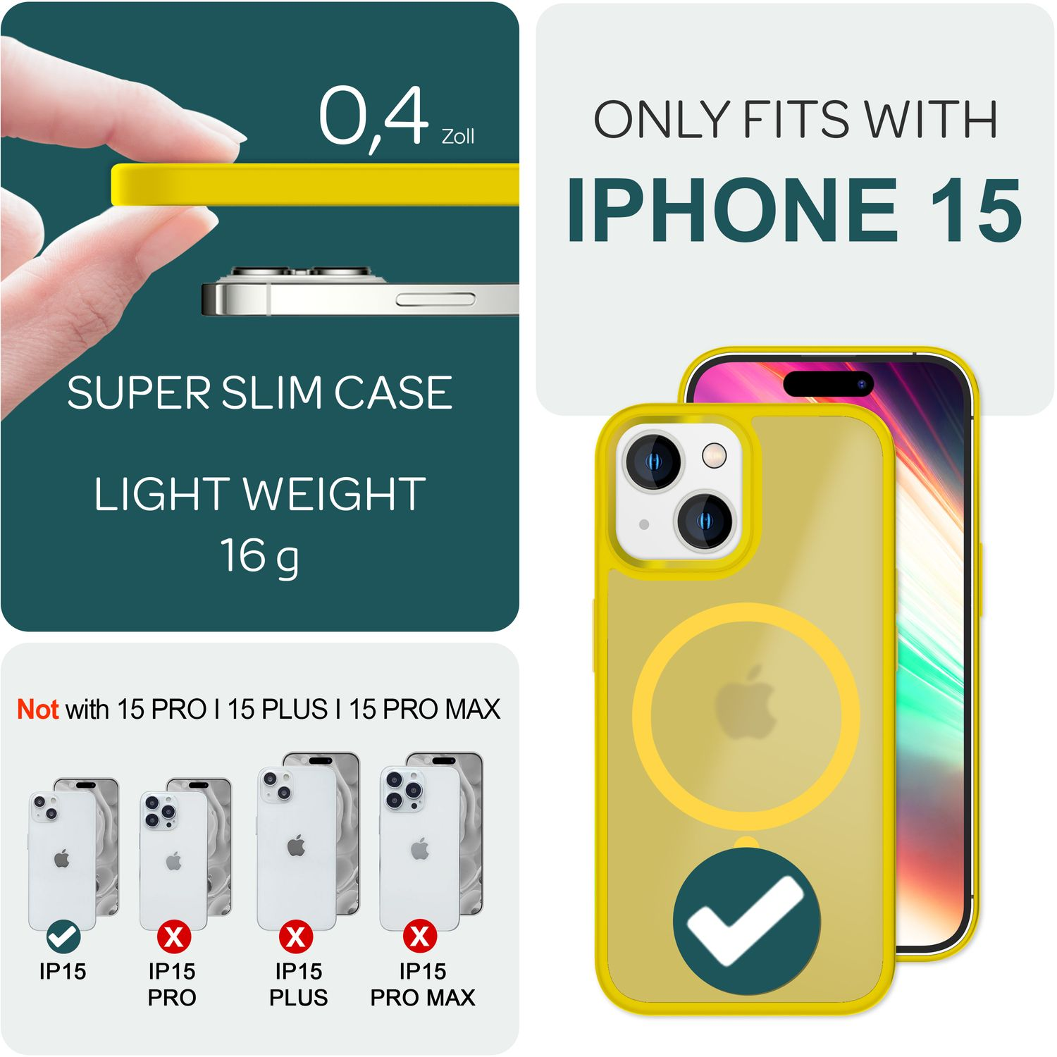 Un étui de téléphone jaune compatible avec l'iPhone 15, mis en évidence avec du texte, montrant son design fin et sa compatibilité.