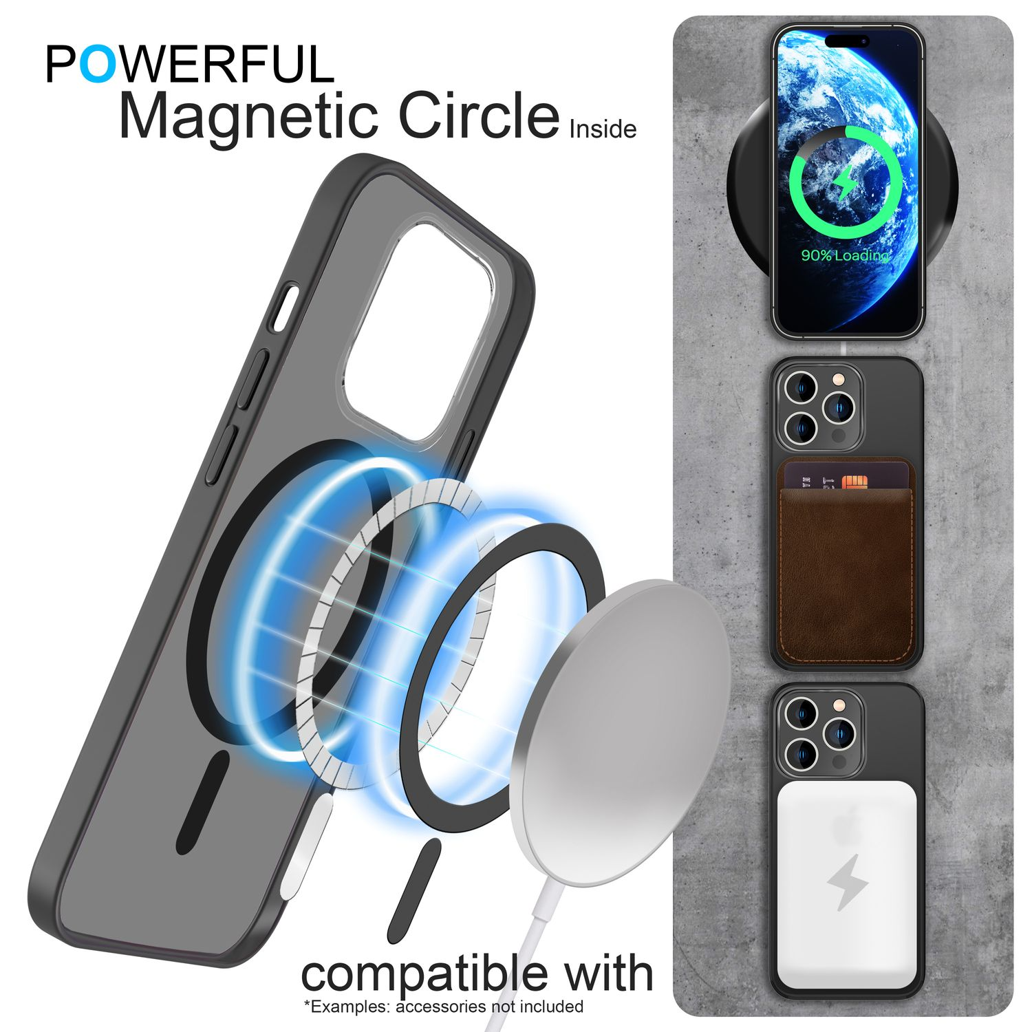 Una funda con círculo magnético, mostrando carga y ejemplos. El texto dice 'Powerful Magnetic Circle Inside' y 'compatible with'.