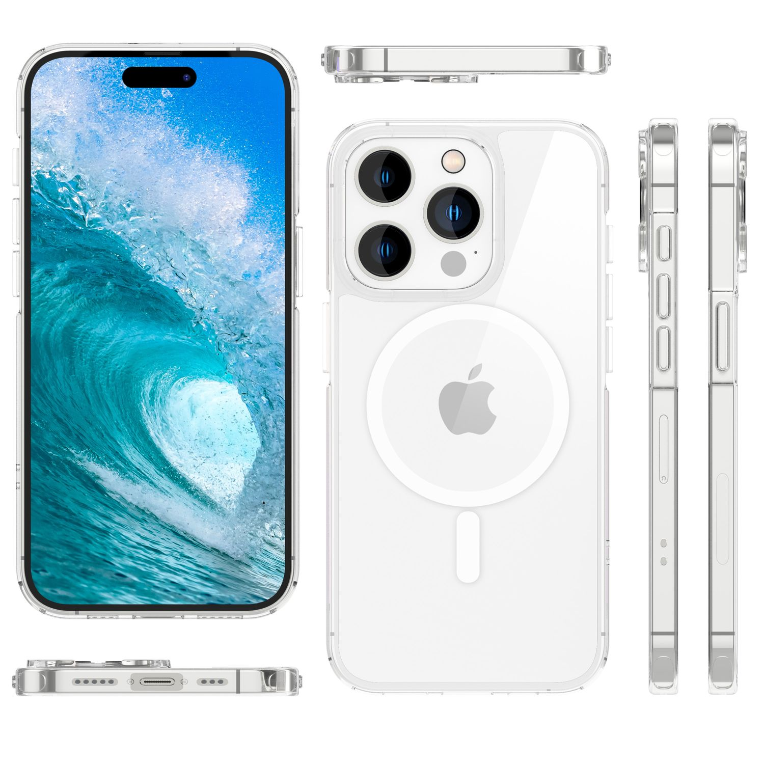 Un iPhone en una funda transparente, mostrando vistas frontal y lateral. La pantalla muestra una ola. La funda tiene un círculo MagSafe y el logo de Apple.