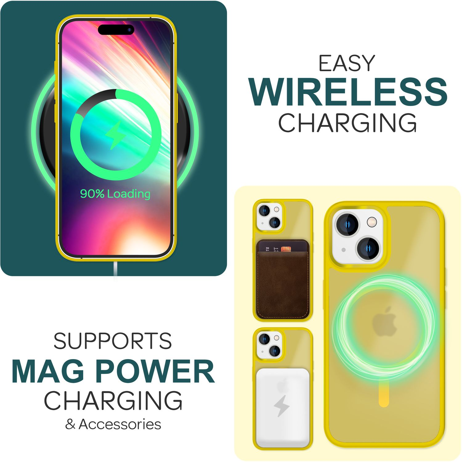 Smartphone en charge sans fil. Coque jaune, accessoires MagSafe et le texte 'Easy Wireless Charging' sont affichés.