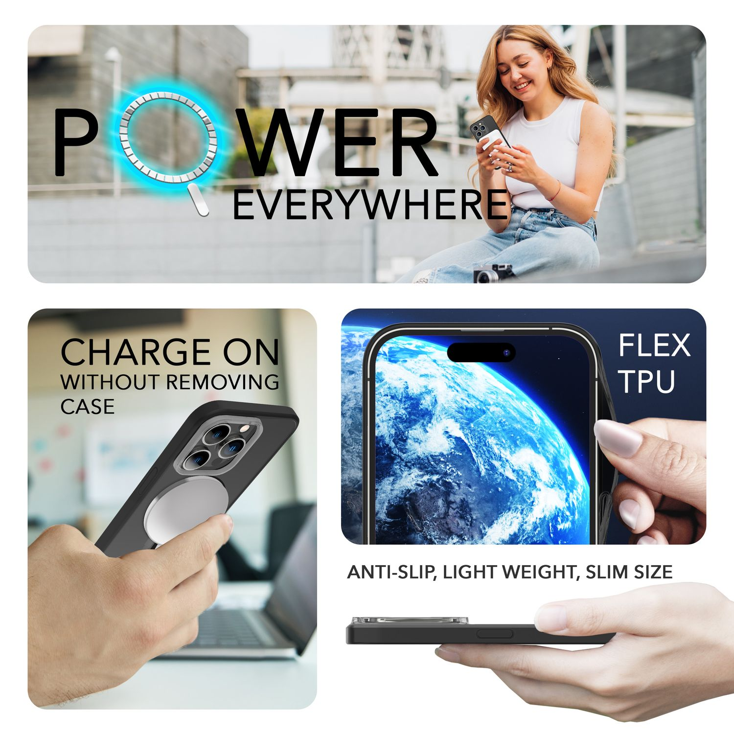 La imagen muestra a una mujer con un teléfono, una funda con cargador y una imagen de la Tierra en la pantalla del teléfono. Textos incluyen 'POWER', 'CHARGE ON'.