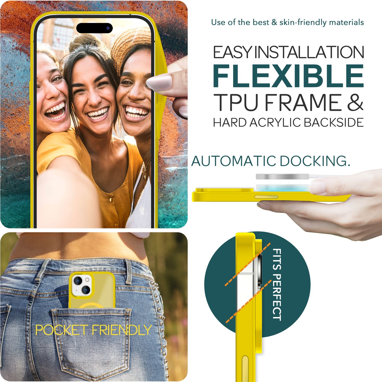 L'image montre un étui de téléphone jaune, trois femmes souriantes et le texte: Flexible TPU Frame & Hard Acrylic Backside, Pocket Friendly.