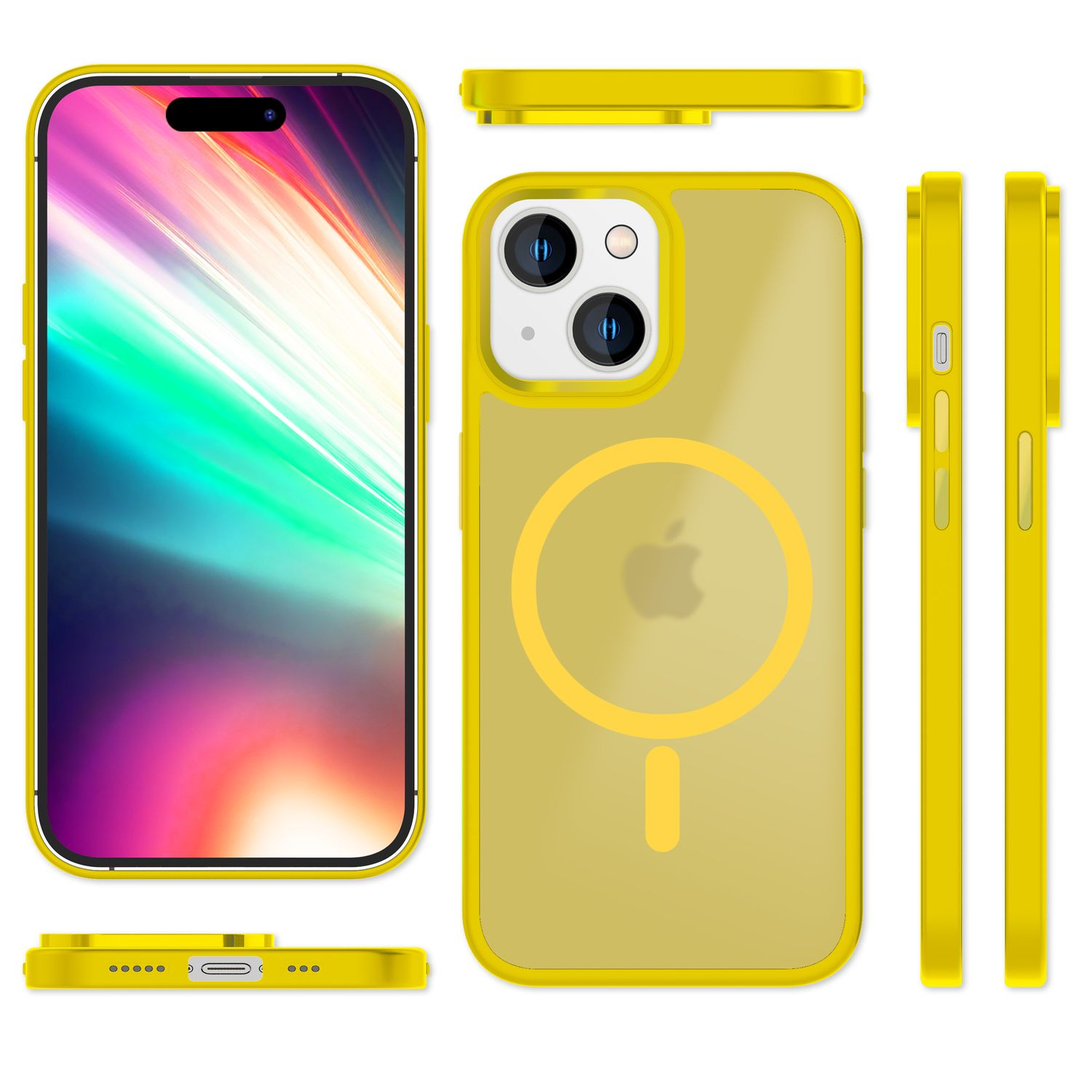 Une coque jaune pour iPhone affiche un téléphone avec un écran coloré. Des vues supplémentaires montrent les détails de la coque et un dos transparent avec le logo Apple.
