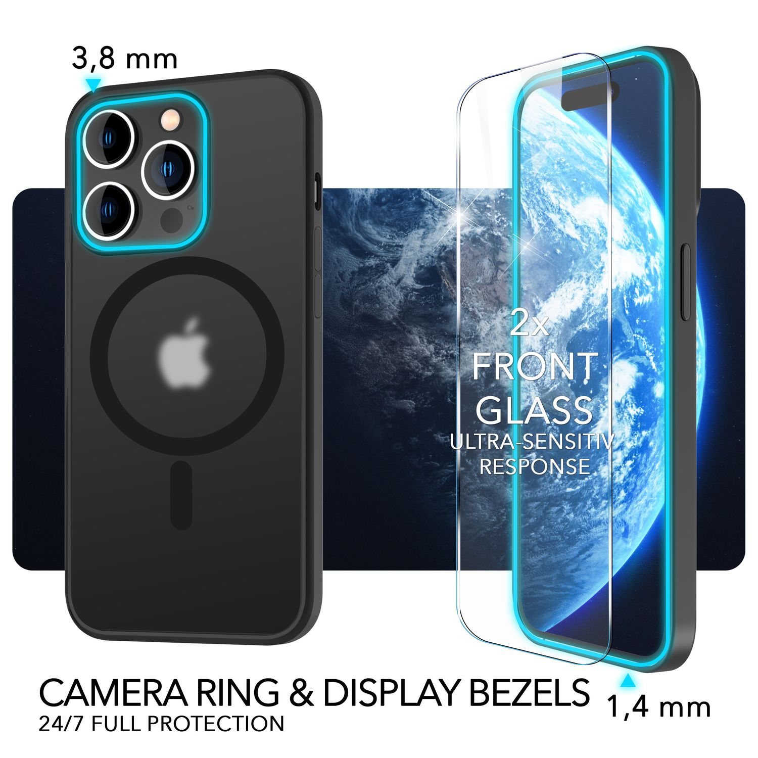 Funda negra y protector de pantalla. La funda tiene anillos de cámara, logotipo de Apple y dimensiones. El protector muestra imagen de la Tierra.
