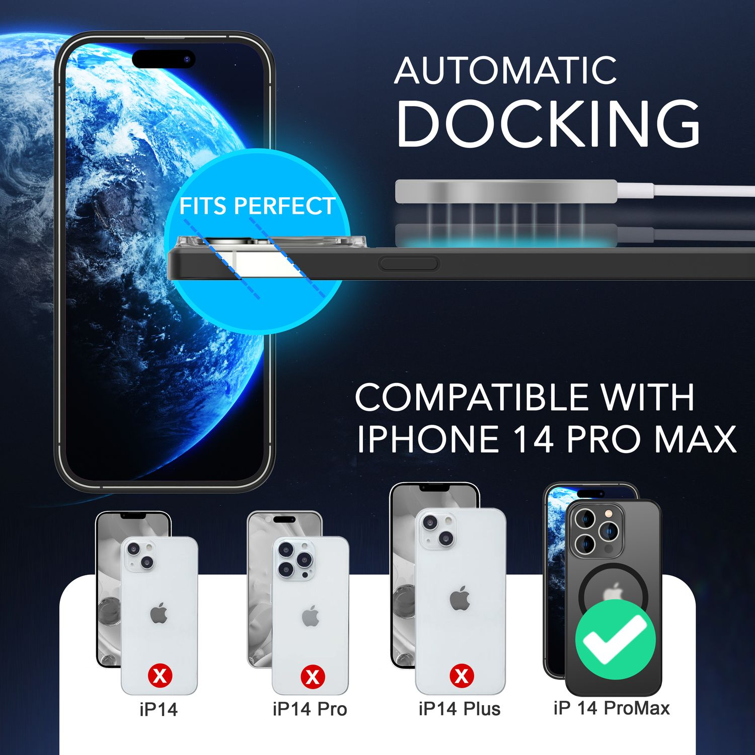 Das Bild zeigt ein iPhone-Docking. Ein Telefon ist angedockt, ein blauer Kreis sagt 'Passt perfekt'. Text listet kompatible Modelle: iPhone 14 Pro Max.
