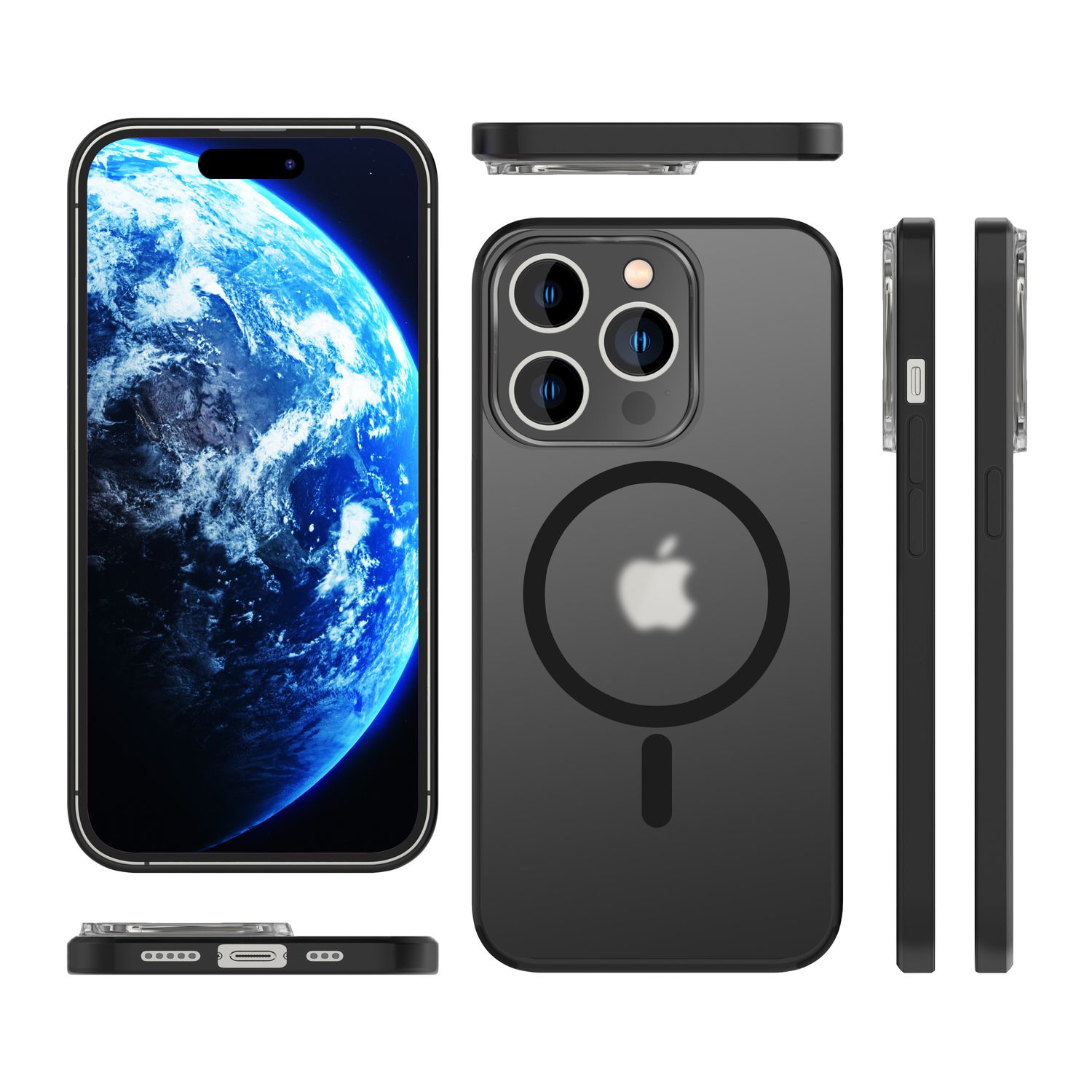 iPhone con funda, varias vistas. La pantalla muestra la Tierra. La funda es negra con el logo de Apple y magsafe.