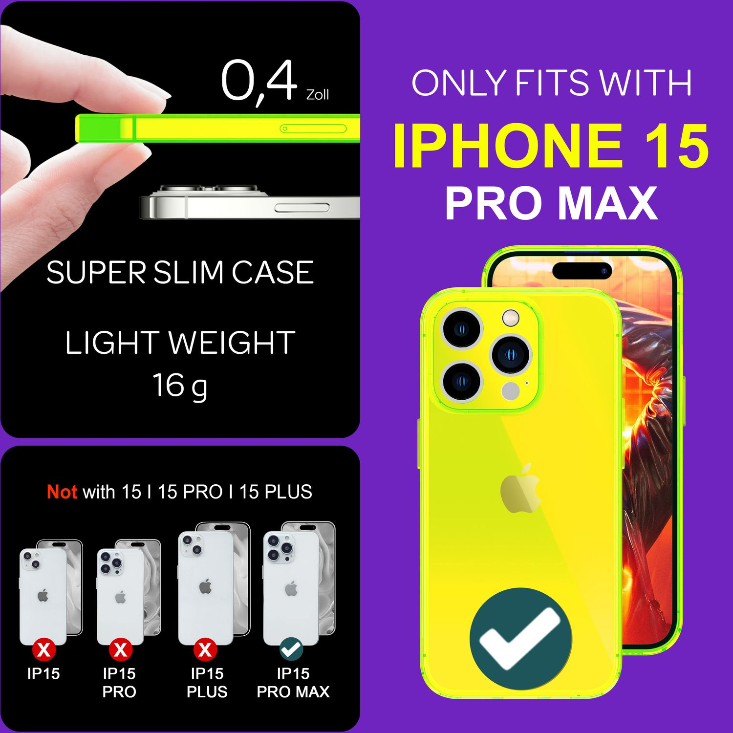 Annuncio di custodia per telefono. Una mano tiene una custodia. Il testo mostra 'iPhone 15 Pro Max'. Altri telefoni hanno X rosse. La custodia è sottile e verde.