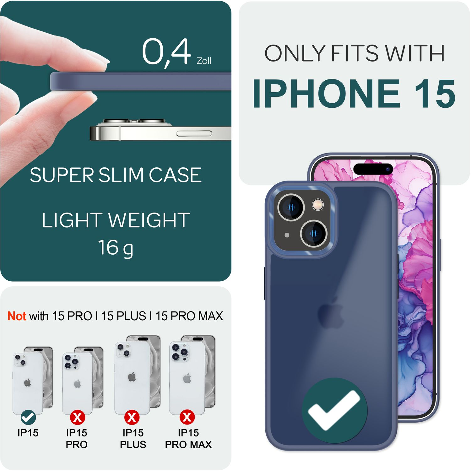 Ein blaues Telefoncase wird mit einem iPhone 15 gezeigt. Text zeigt, dass es nur für iPhone 15 geeignet ist. Andere Modelle sind inkompatibel.