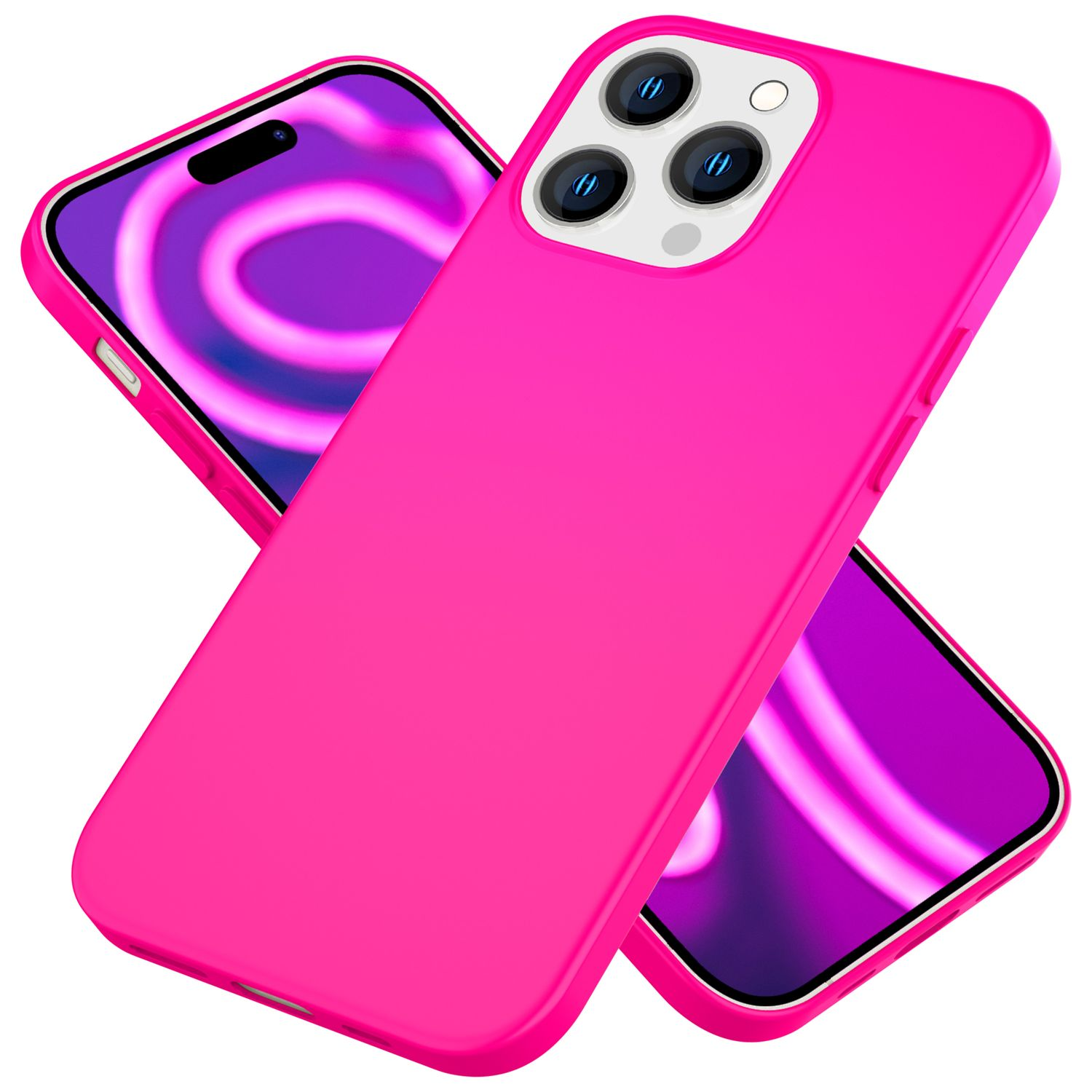 Zwei pinke Handyhüllen, eine über der anderen. Die Telefone haben violette Bildschirme. Die Kamera des oberen Telefons ist sichtbar.