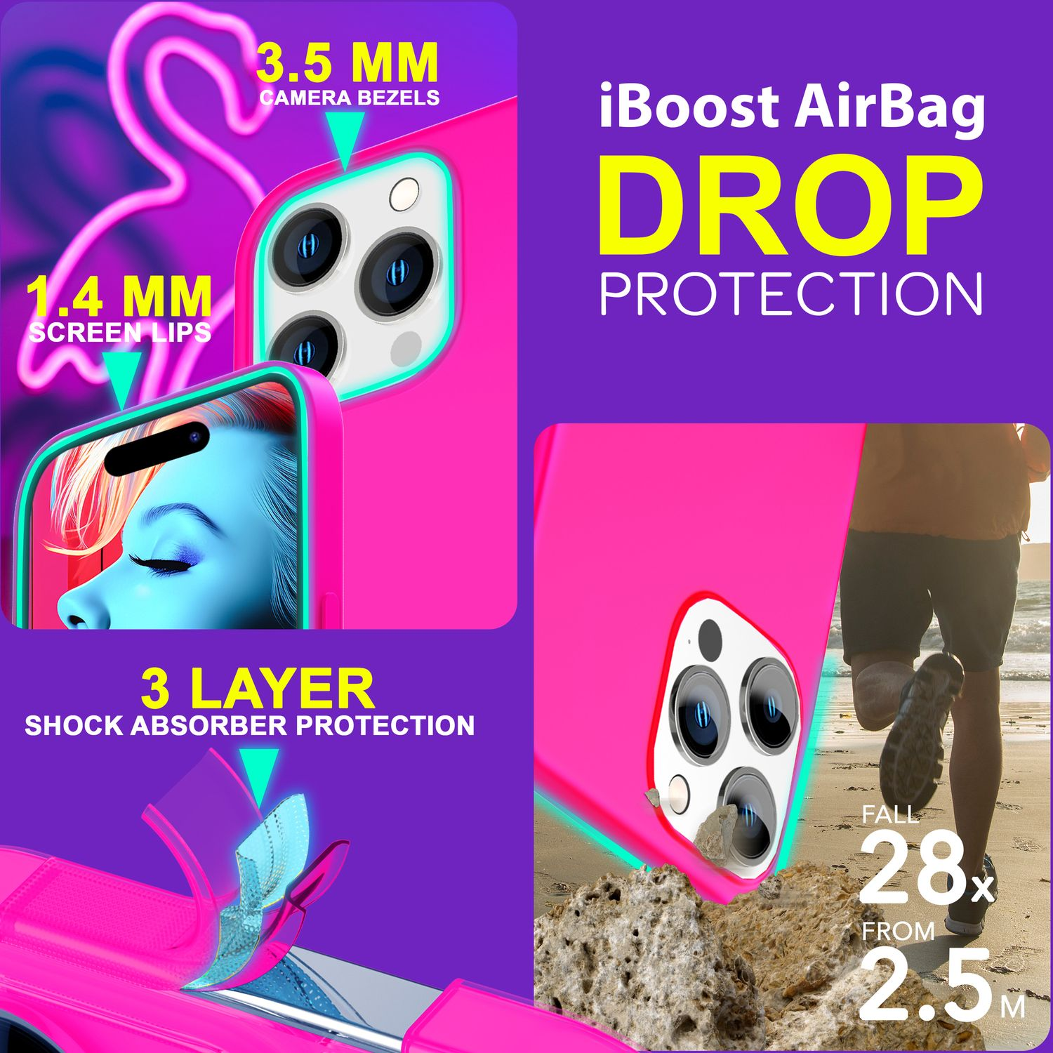 Eine pinke Handyhülle mit einem Handy darin und eine Person, die am Strand rennt, zeigt Funktionen und Fallschutz.