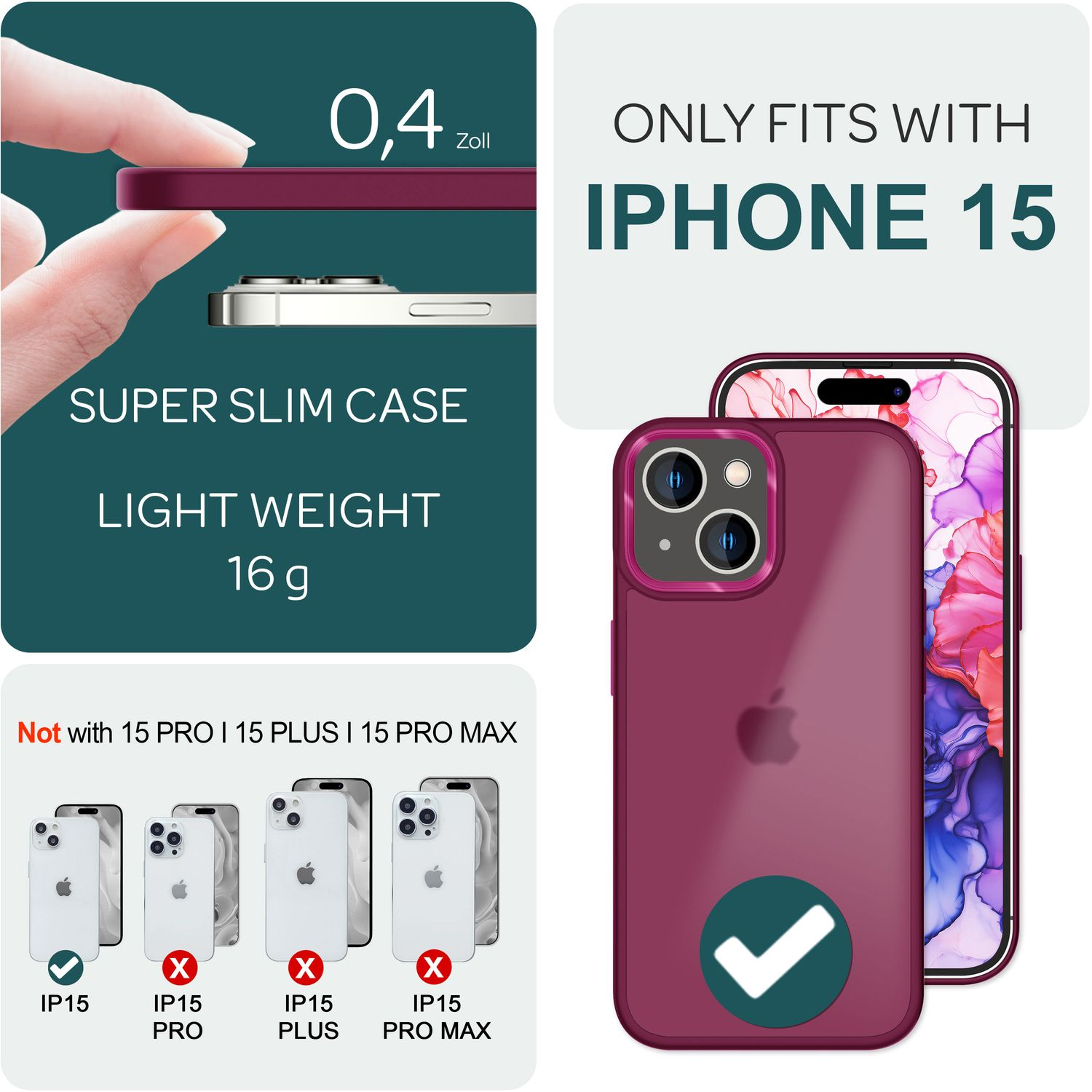 L'image montre une coque pour iPhone 15 avec le téléphone à l'intérieur. C'est une coque super fine et légère. Elle n'est pas compatible avec d'autres modèles d'iPhone.