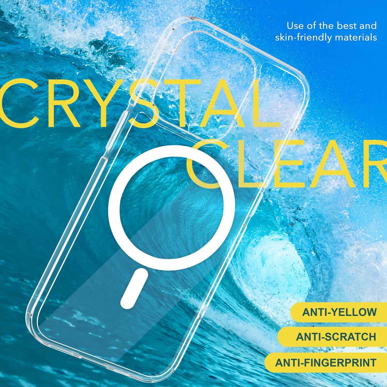 Una funda transparente con texto amarillo 'CRYSTAL CLEAR'. El fondo muestra olas de agua y texto sobre anti-amarillo, arañazos y huellas dactilares.