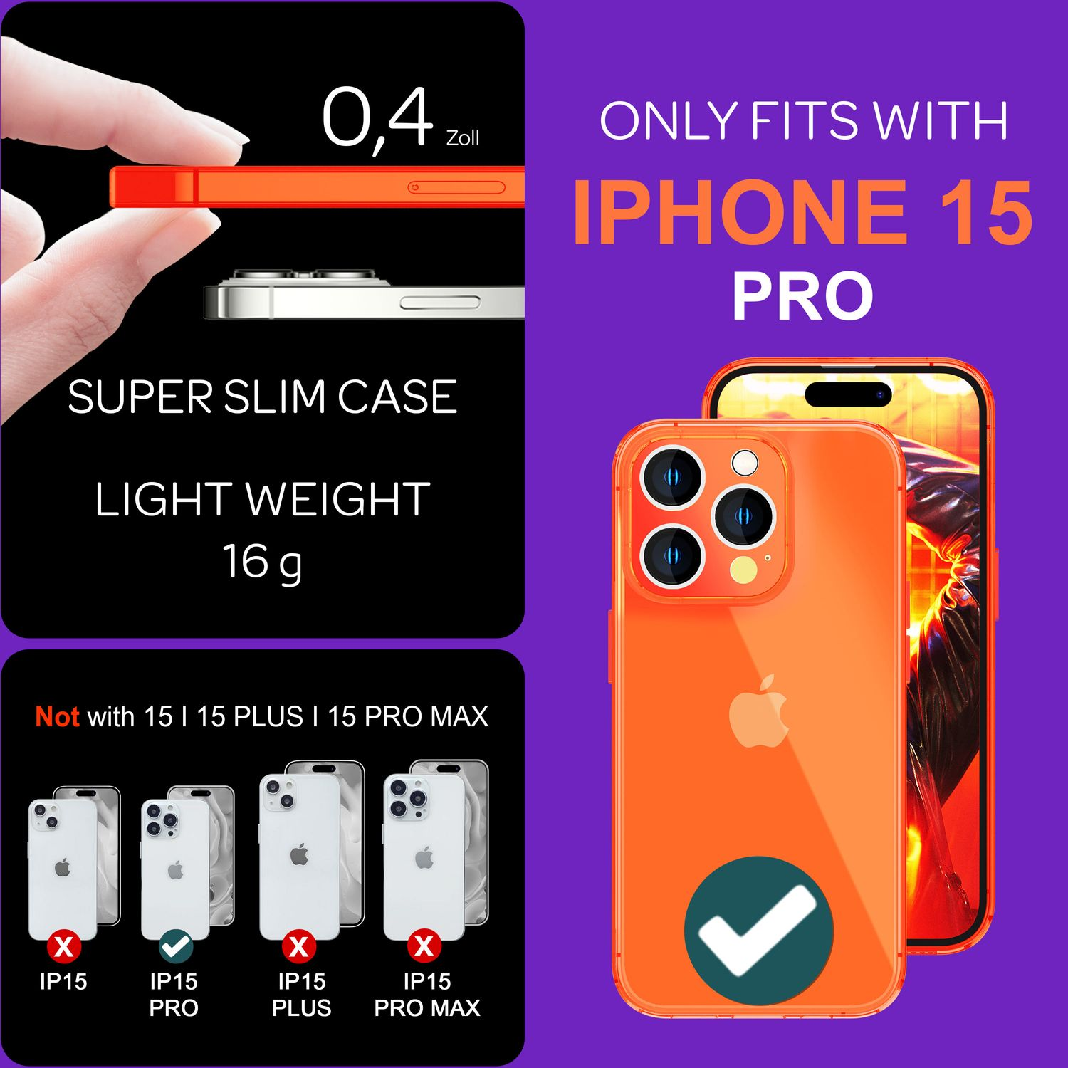 Una custodia arancione per iPhone 15 Pro è mostrata con un segno di spunta. La custodia è sottile e leggera. Lo sfondo è viola.