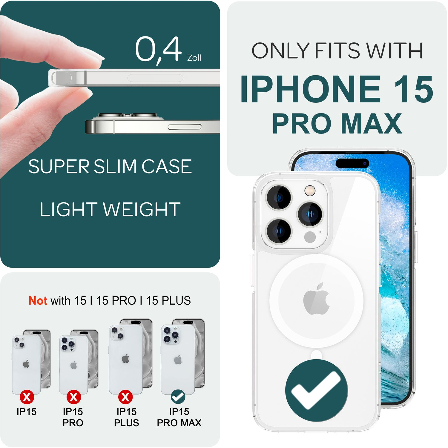 Se muestra una funda para iPhone 15 Pro Max. Es delgada y ligera. La compatibilidad es solo para el modelo Pro Max. Otros modelos se marcan como incompatibles.