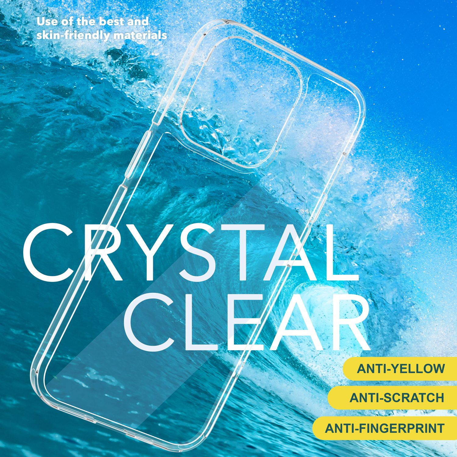 Eine transparente Handyhülle liegt auf blauem Wasser. Der Text lautet 'Crystal Clear' und die Beschriftungen: Anti-Gelb, Anti-Kratzer und Anti-Fingerabdruck.