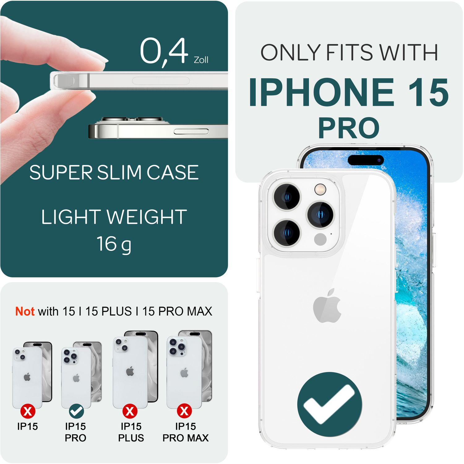 Ein iPhone 15 Pro mit transparenter Hülle, die seine Schlankheit hervorhebt. Text zeigt, dass die Hülle nur für das Pro-Modell geeignet ist.