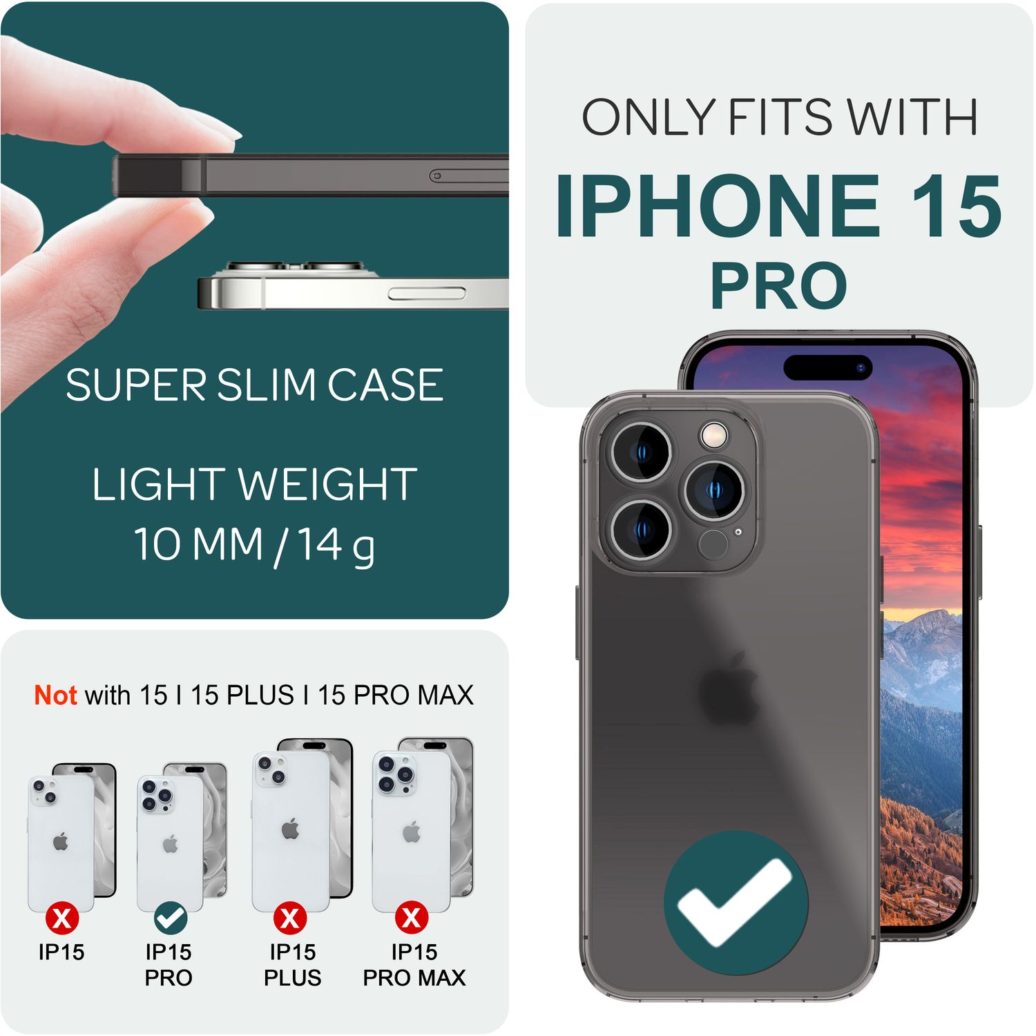Se muestra una funda para iPhone 15 Pro. La funda es compatible con el iPhone 15 Pro, otros modelos se marcan como incompatibles.