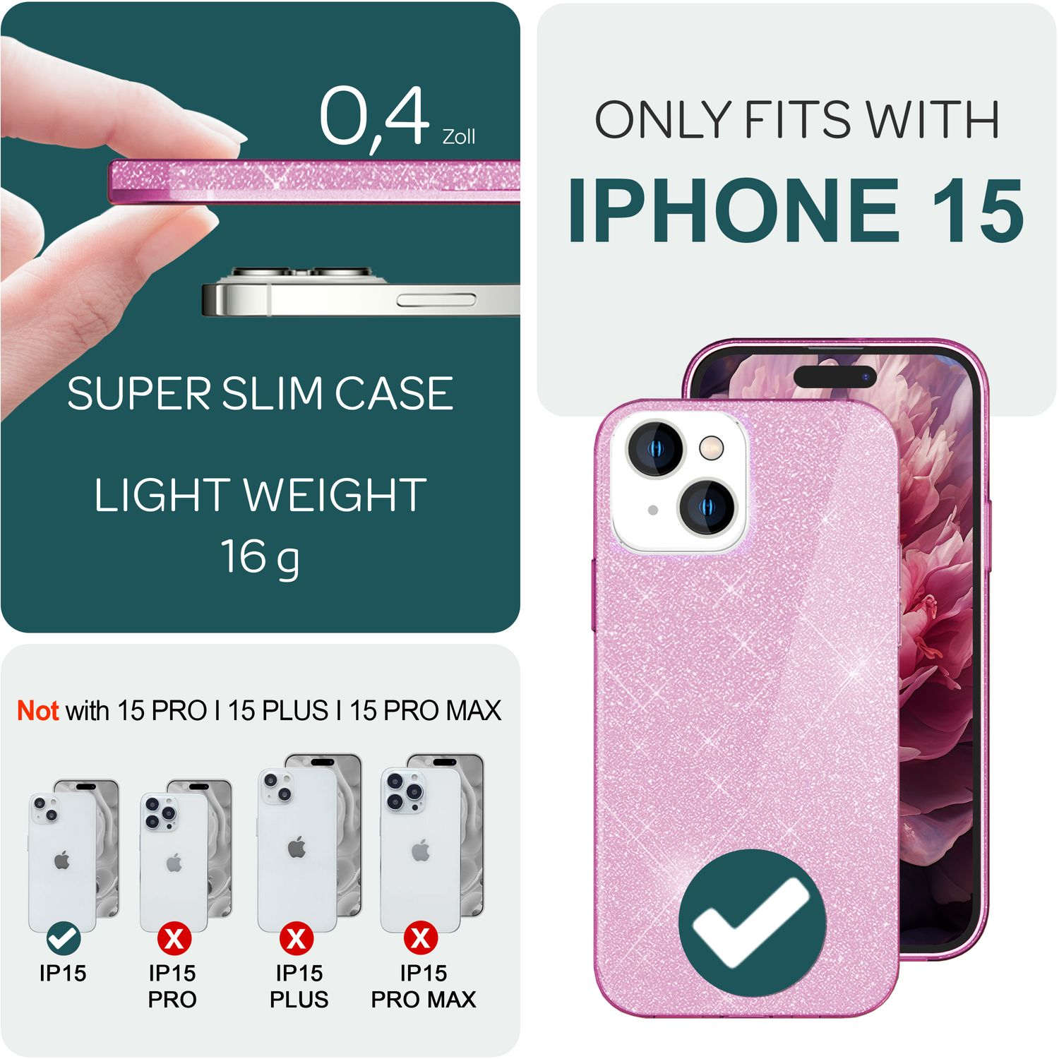 Rosa glitzernde iPhone 15 Hülle mit Telefonumriss. Zeigt die Gehäusestärke, das Gewicht und die Kompatibilität. Nicht kompatibel mit Pro-Modellen.