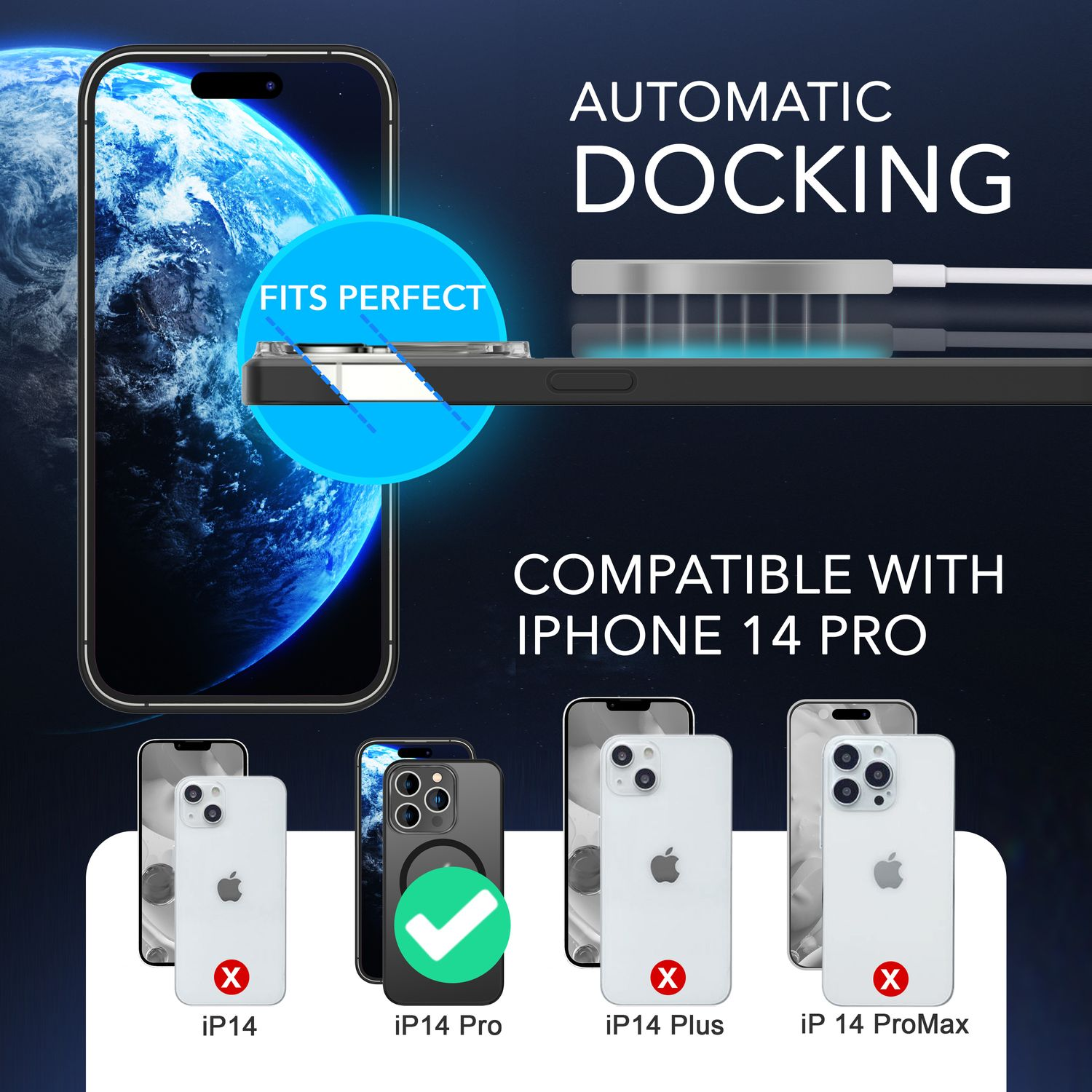 Un teléfono está acoplado. El texto dice acoplamiento automático. El iPhone 14 Pro es compatible. Los teléfonos i14, i14 Plus y i14 ProMax no son compatibles.