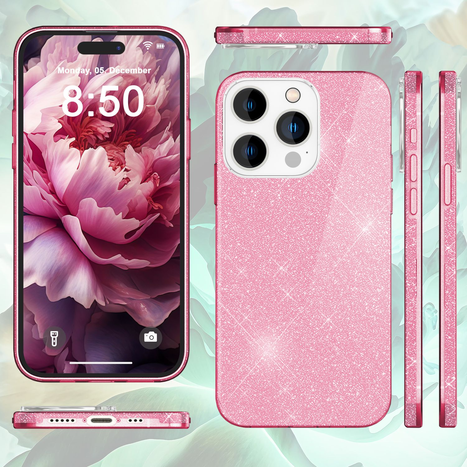 Rosa Glitzer-Handyhülle mit Telefon, das einen floralen Hintergrund und die Uhrzeit 8:50 zeigt. Mehrere Blickwinkel der Hülle werden gezeigt.