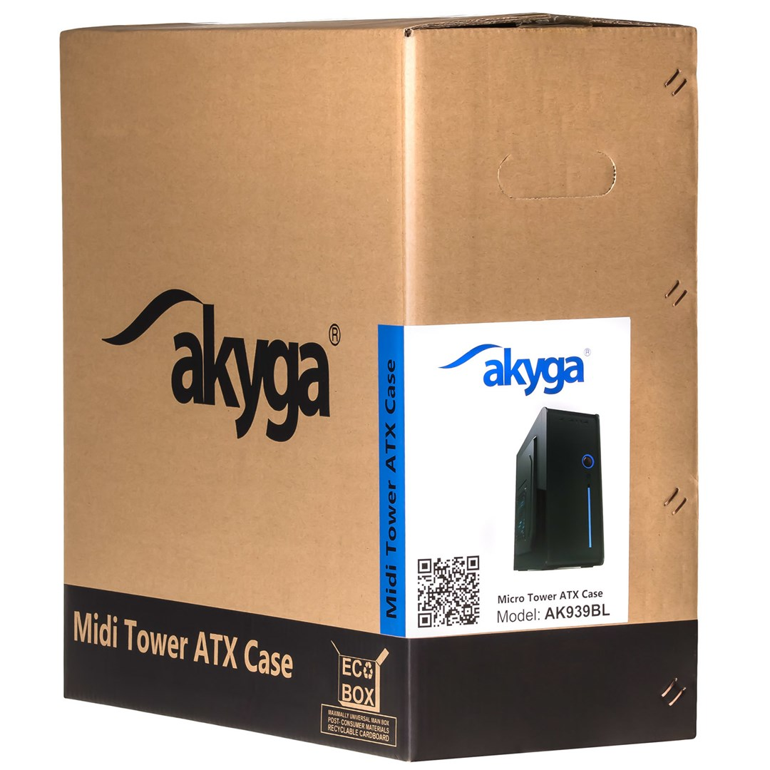 Brązowe kartonowe pudełko z napisem 'akyga Midi Tower ATX Case'. Posiada zdjęcie produktu i kod QR. Jest do recyklingu.
