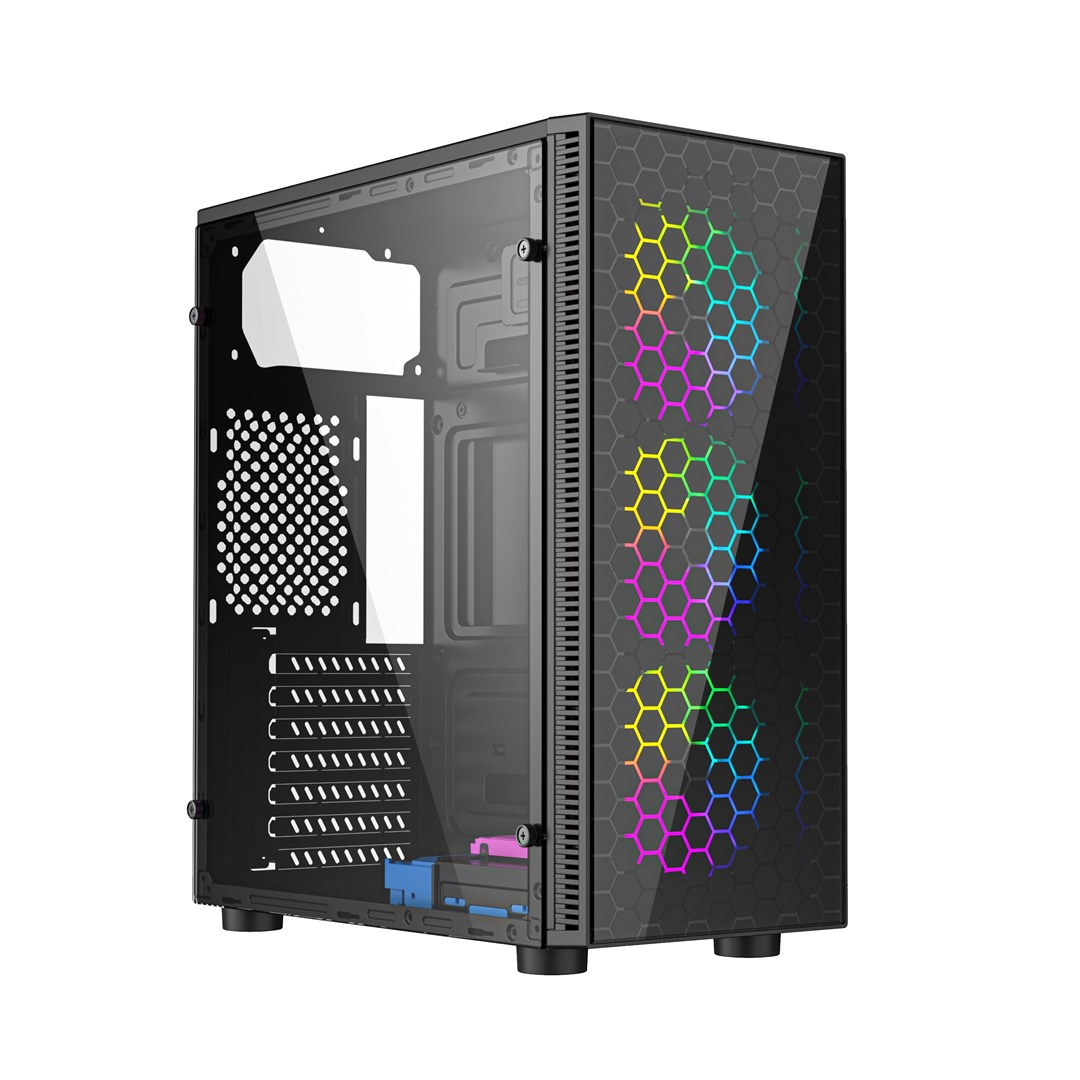 Un case per computer nero con un pannello laterale in vetro. Il pannello presenta un design a nido d'ape con luci a LED colorate.
