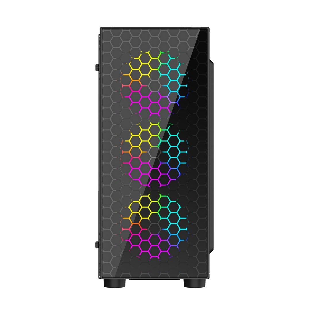 Case per computer nero con tre ventole arcobaleno illuminate dietro un motivo a nido d'ape. Il case è su sfondo bianco.
