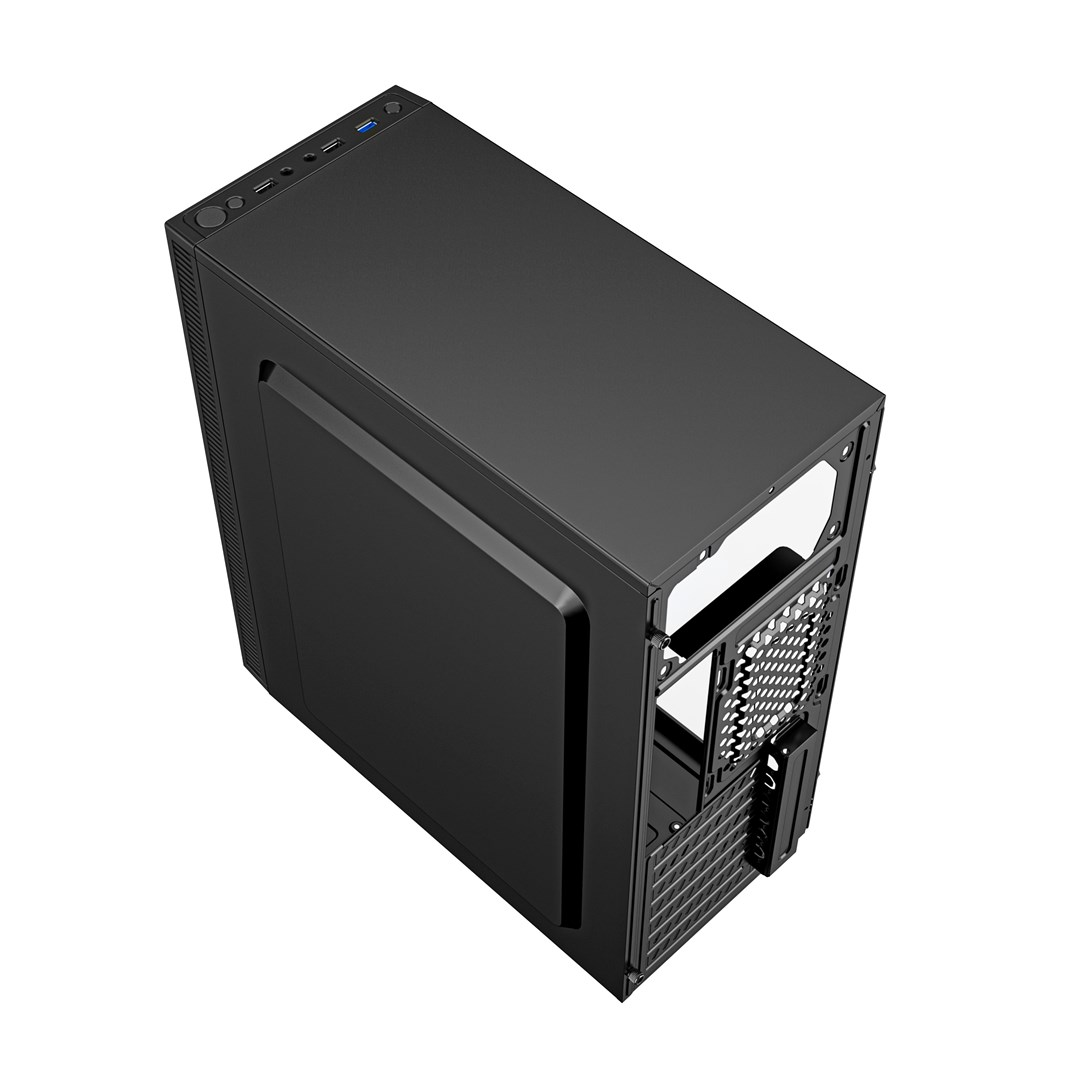 Un case per computer nero, visto dall'alto e leggermente angolato. Ha una forma rettangolare con un pulsante di accensione e porte USB.