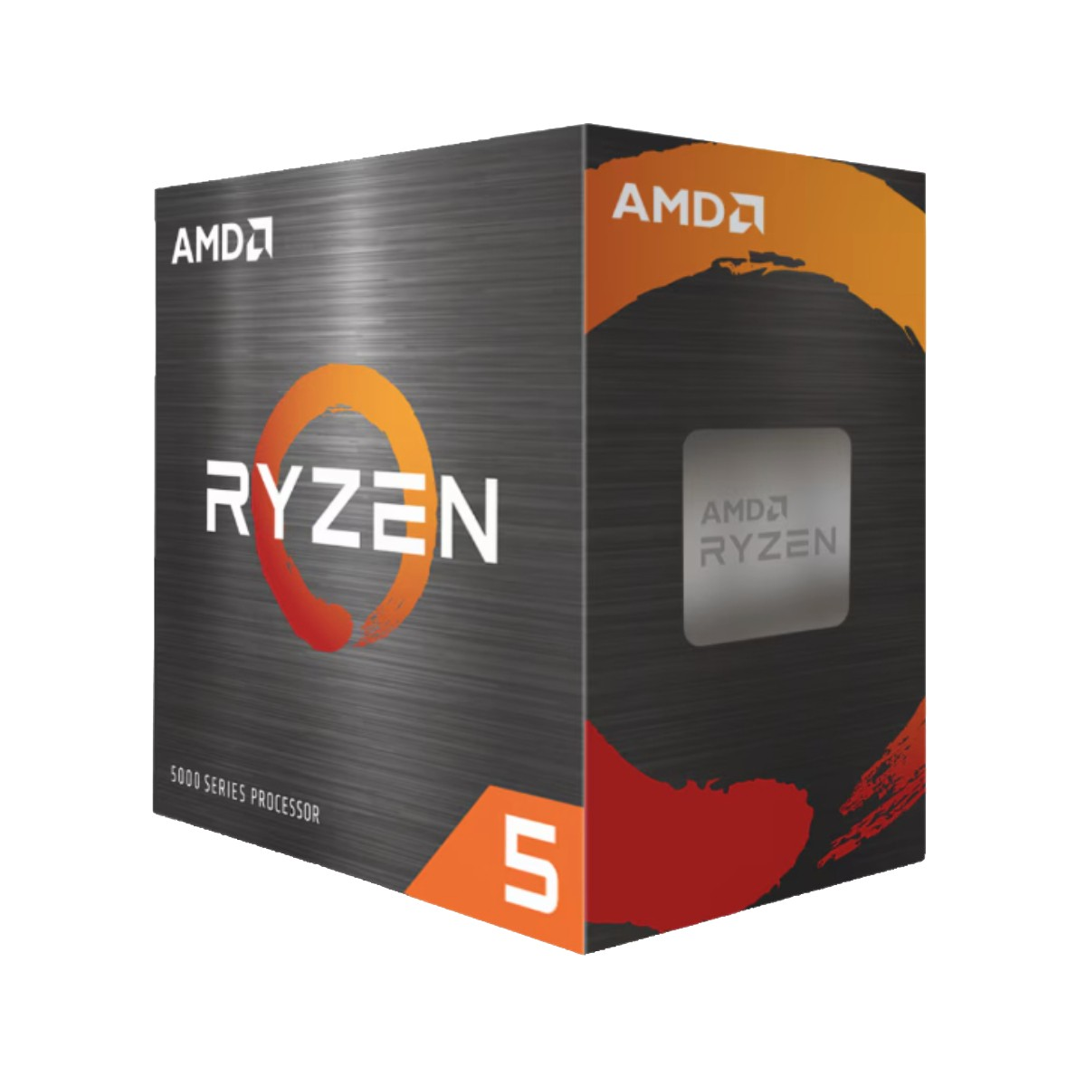 Pudełko procesora AMD Ryzen 5. Posiada logo AMD, napis Ryzen z pomarańczowym okręgiem i cyfrą 5. Opakowanie jest szare i czarne.