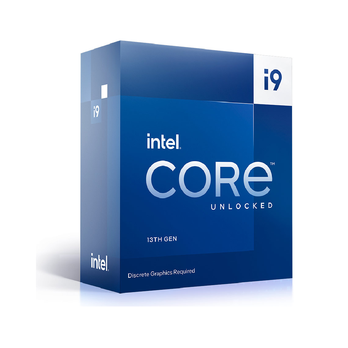 Eine blau-weiße Intel i9 CPU-Box. Die Box trägt das Intel Core-Logo, 13. Gen und benötigt separate Grafik.