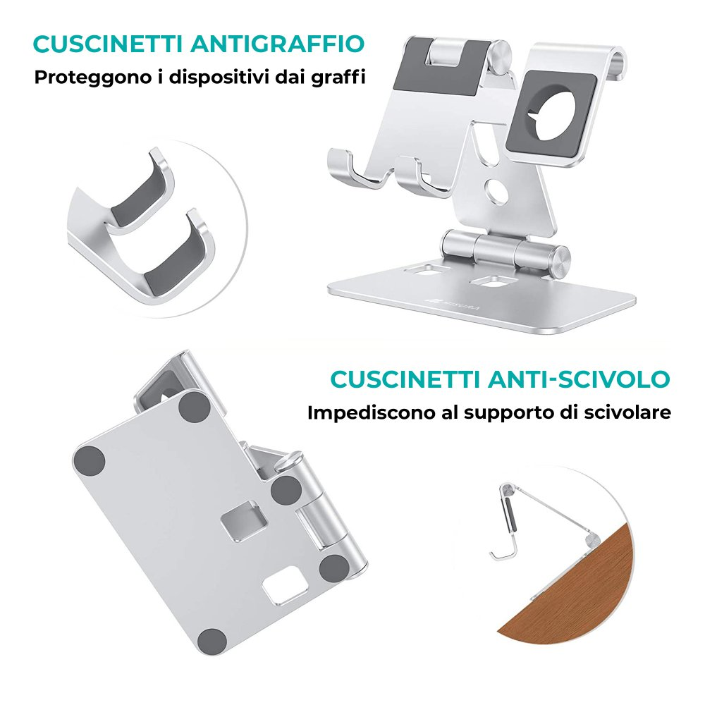 Un supporto per telefono argento con cuscinetti antigraffio e antiscivolo. Il testo spiega le caratteristiche.