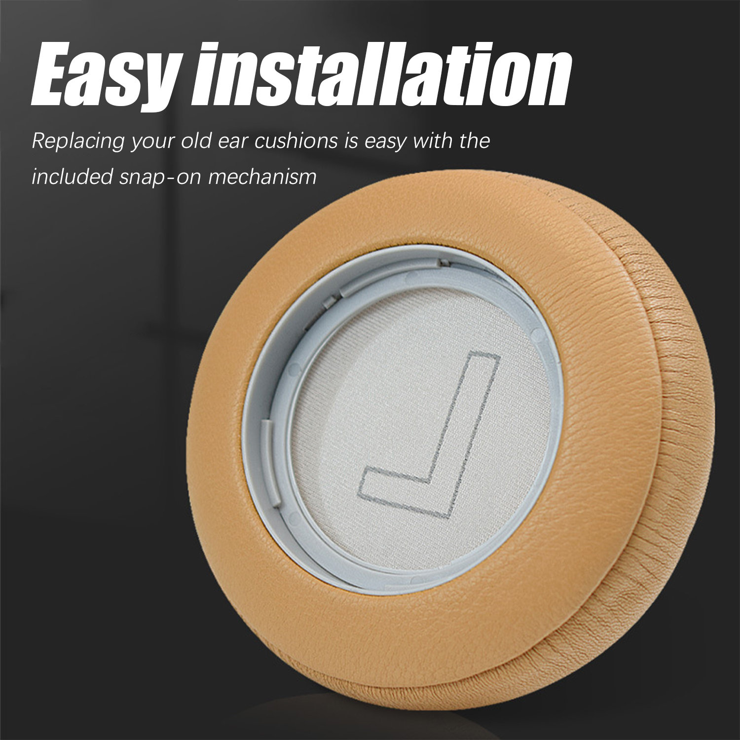 Widoczna jest poduszka do słuchawek w kolorze brązowym, z białym siatkowym środkiem i szarą plastikową ramką. Tekst głosi: 'Łatwa instalacja'.