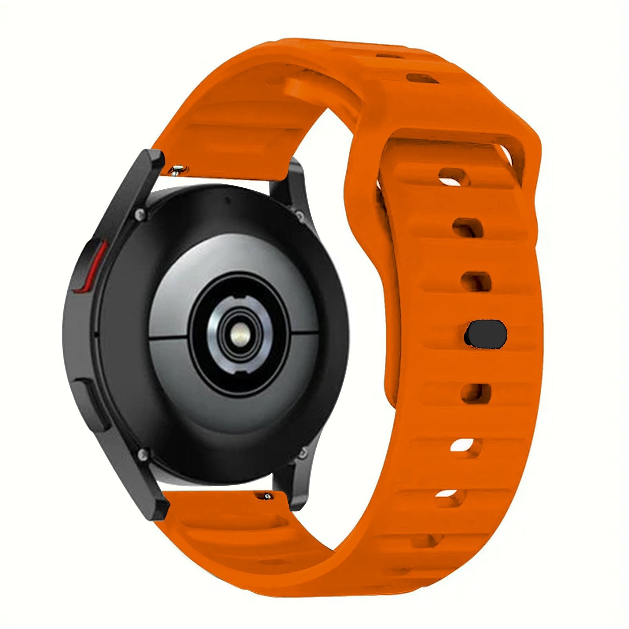 Eine Smartwatch mit orangefarbenem Armband. Das Zifferblatt ist schwarz mit einem silbernen Zentrum. Das Armband hat Löcher.