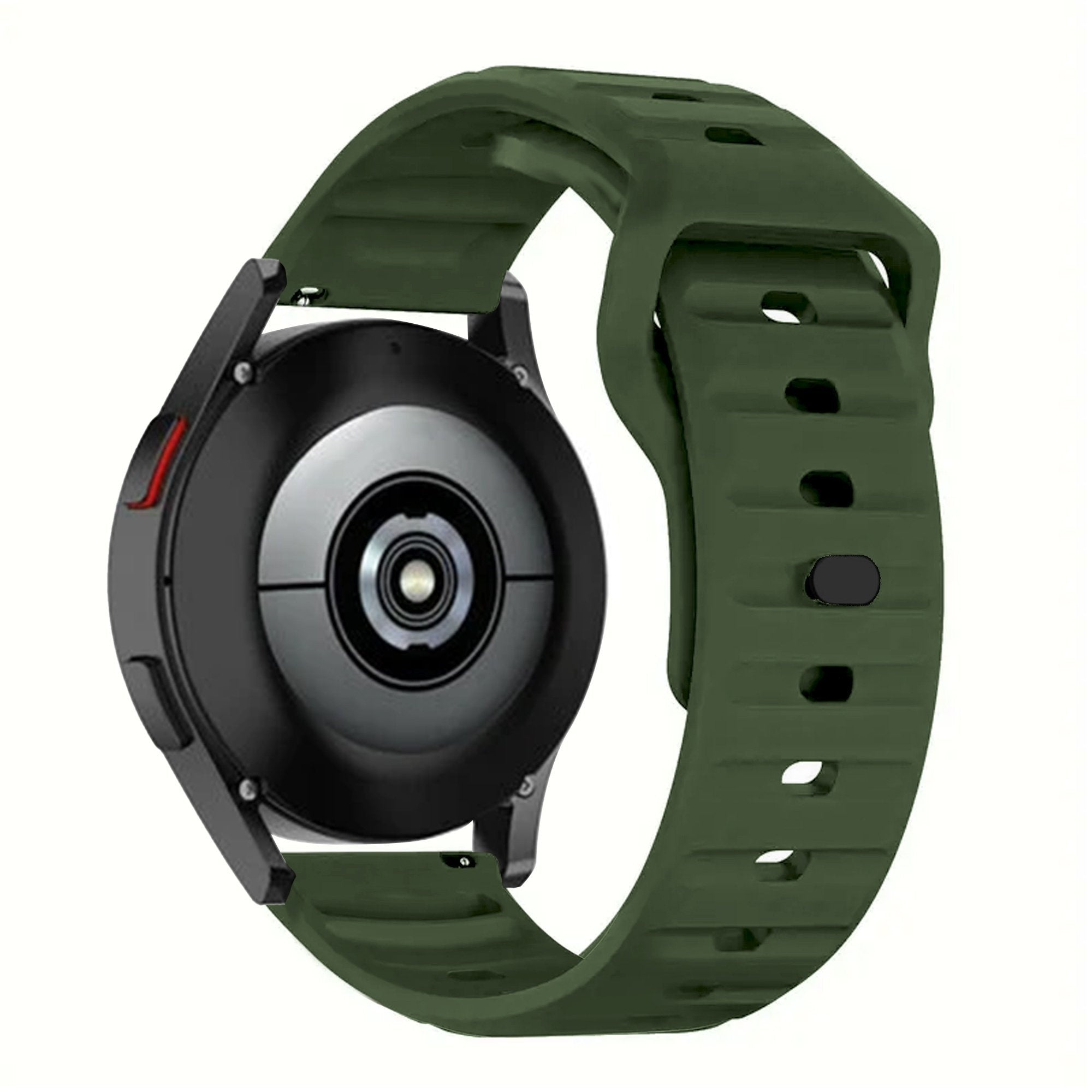 Nahaufnahme einer Smartwatch mit grünem Armband. Die Uhr ist schwarz mit grauem Sensor, das Armband ist in einer Schlaufe.