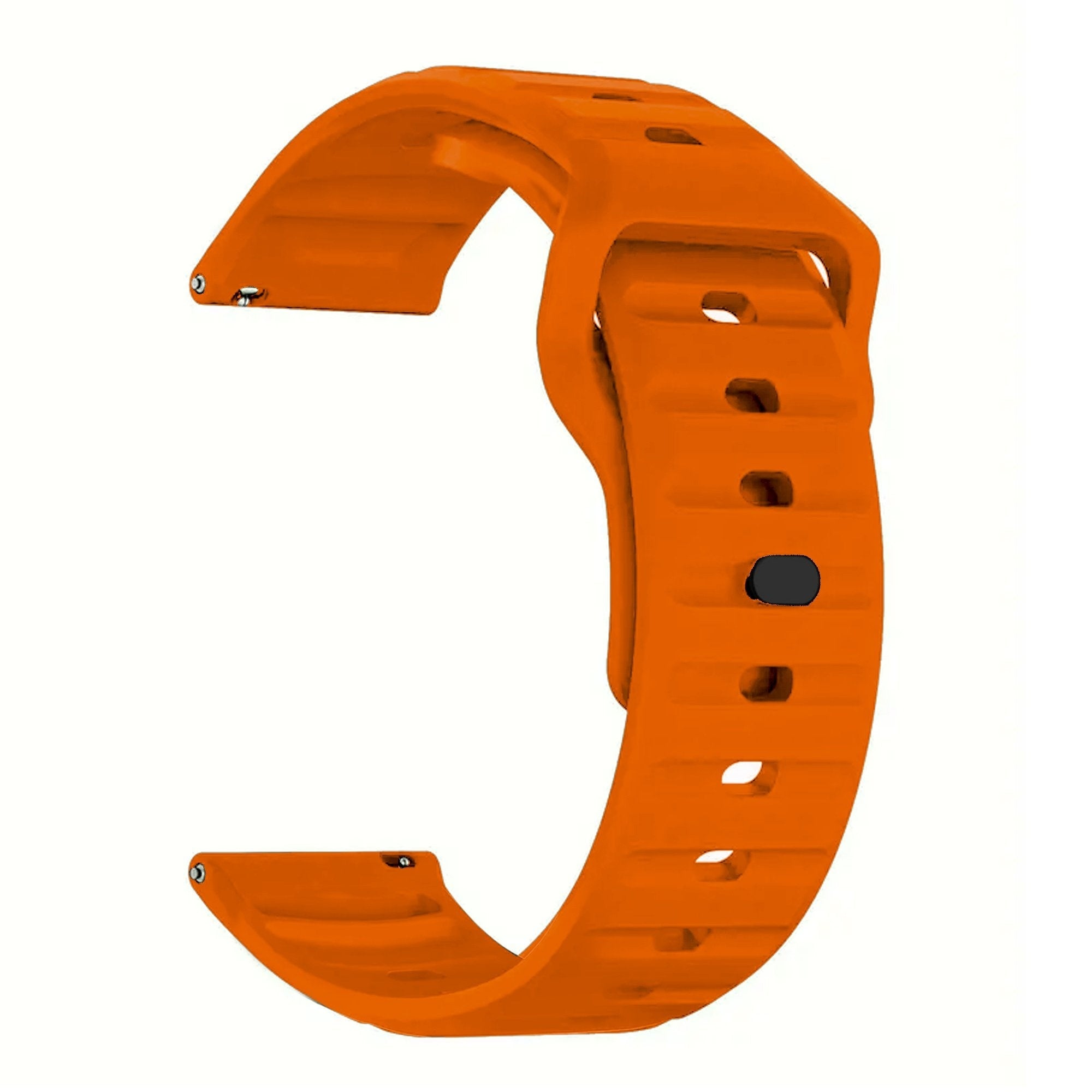 Ein orangefarbenes Uhrenarmband ist gebogen, mit geriffelter Textur und mehreren rechteckigen Löchern. Es gibt einen kleinen schwarzen Knopf.