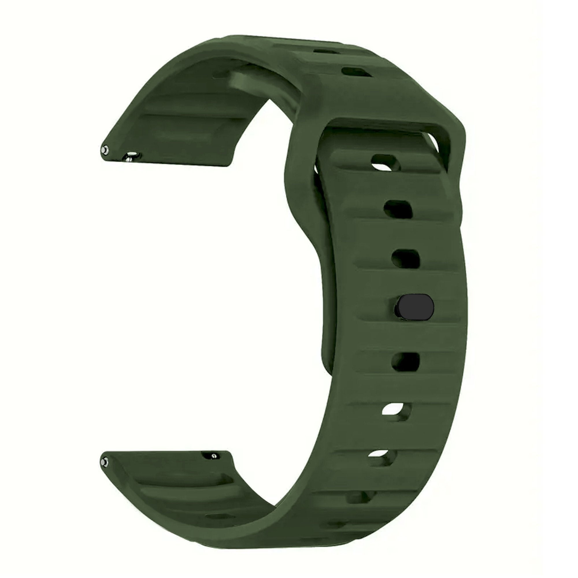 Ein olivgrünes Uhrenarmband auf weißem Hintergrund. Es hat ein gebogenes Design mit Löchern und einem schwarzen Verschluss.