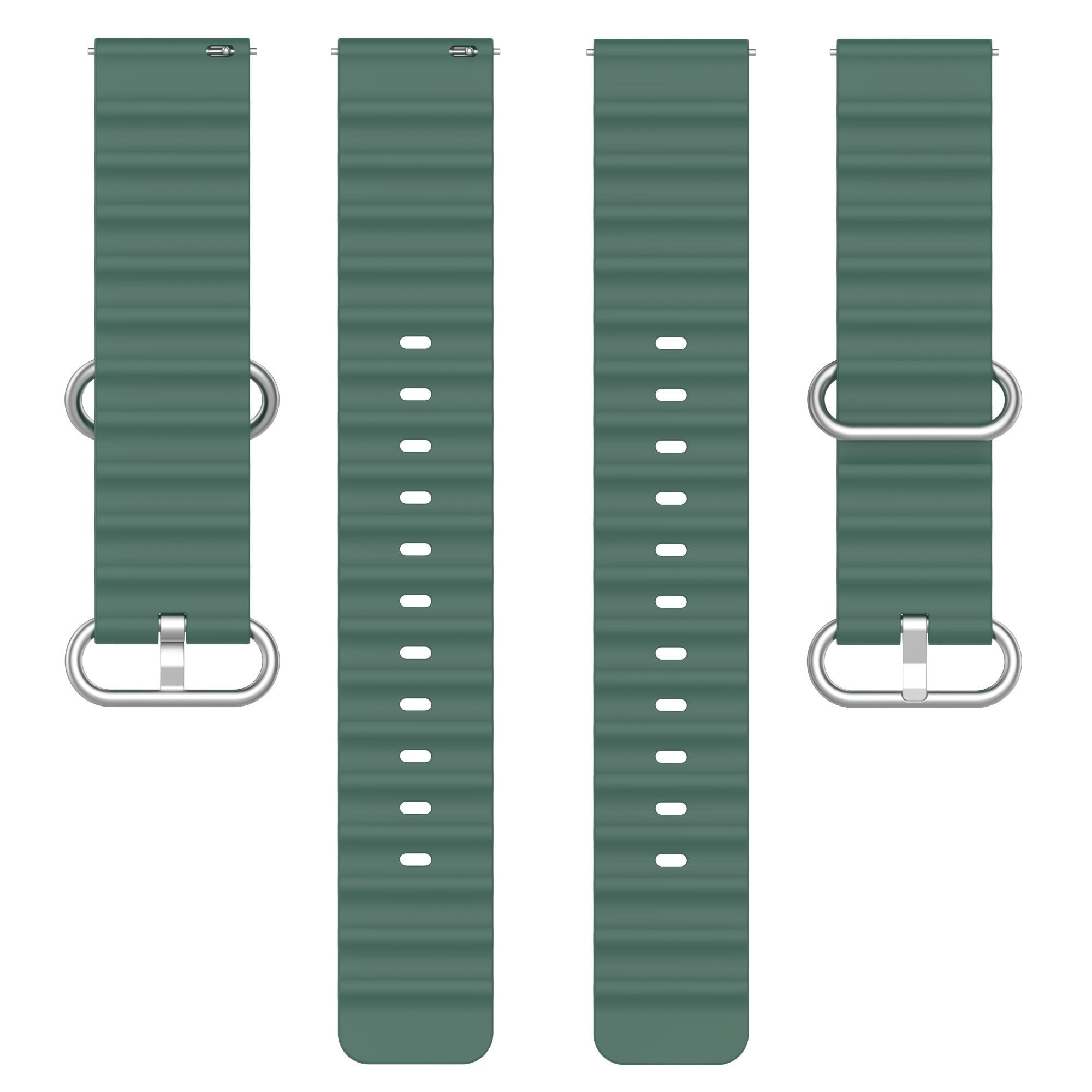 Vier grüne Uhrenarmbänder mit silbernen Schnallen auf weißem Hintergrund. Zwei Armbänder haben Löcher.